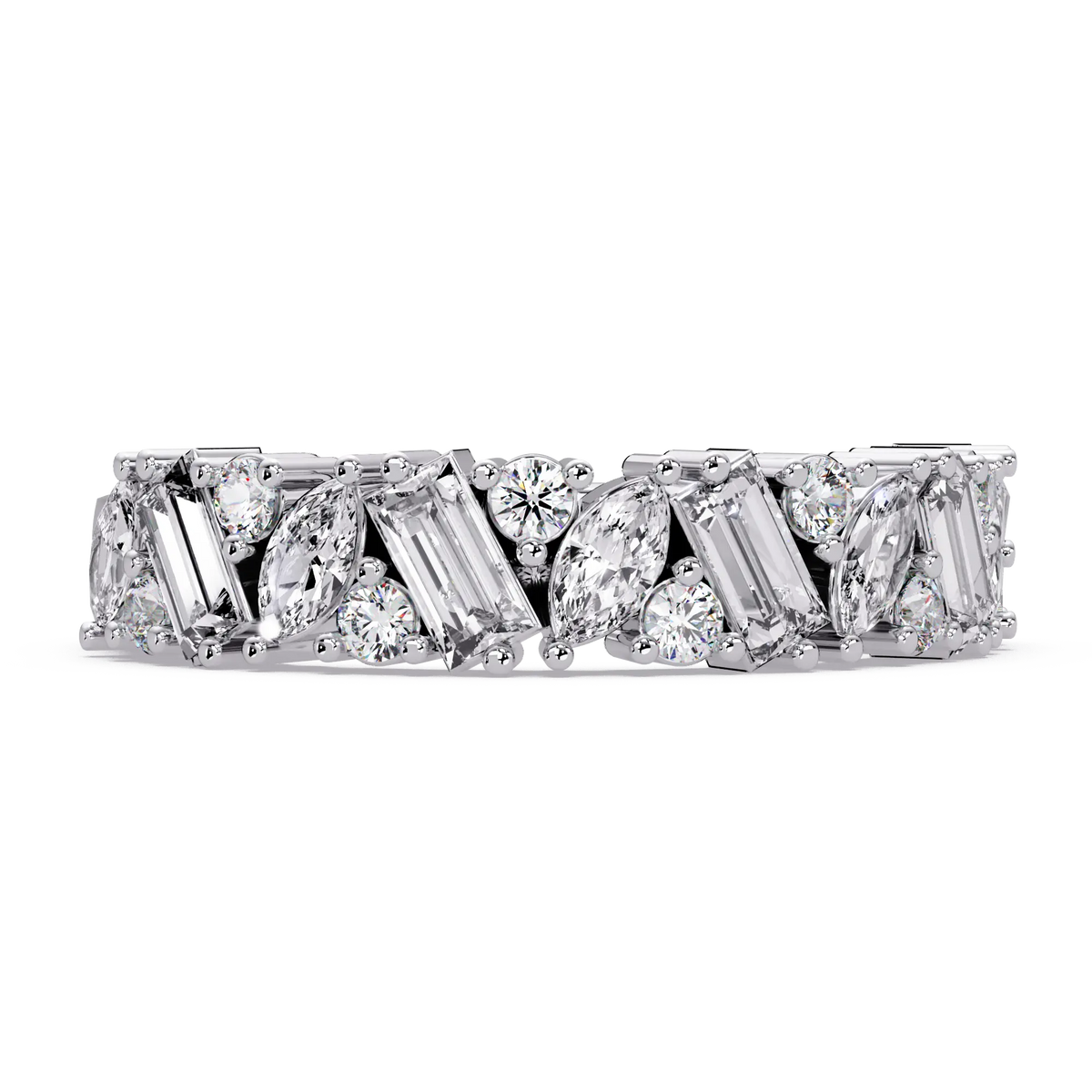 Mixed Cut Diamond Eternity Wedding Band & Marquise, Emerald & Round Diamond Anniversary Ring