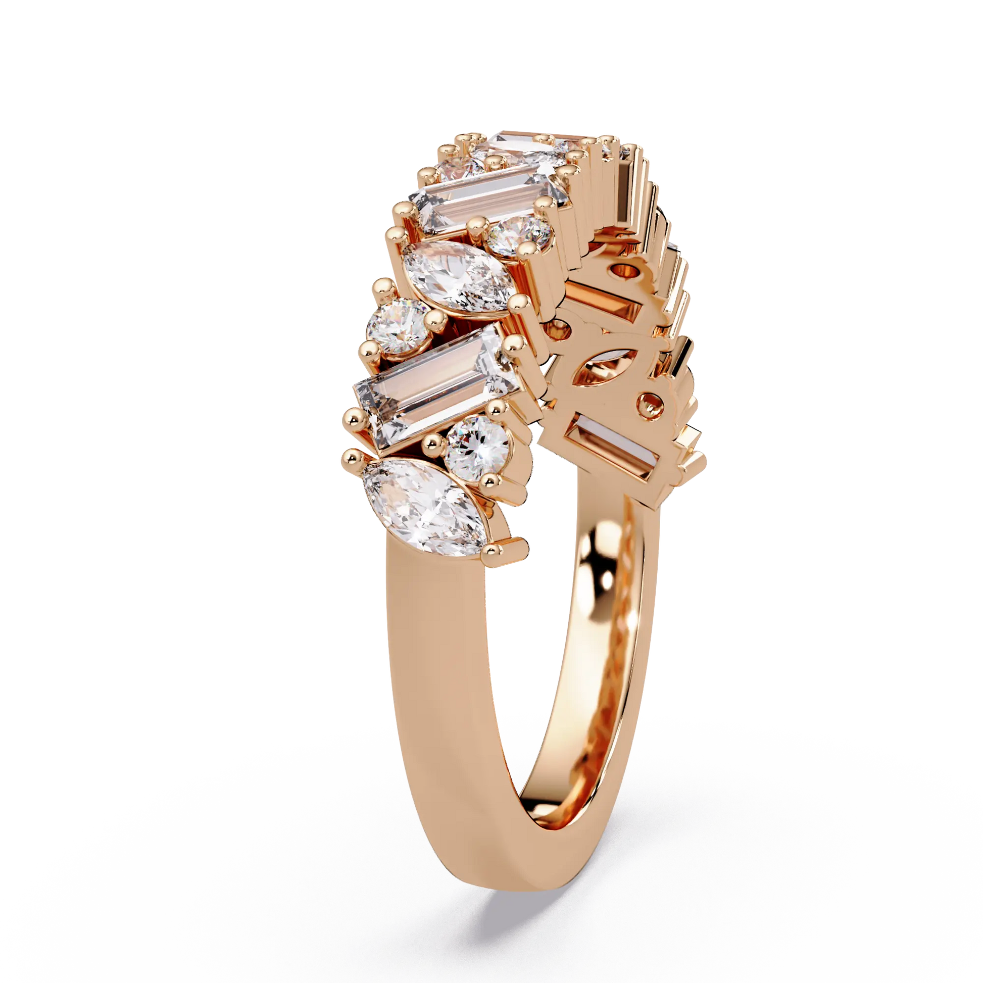 Mixed Cut Diamond Eternity Wedding Band & Marquise, Emerald & Round Diamond Anniversary Ring