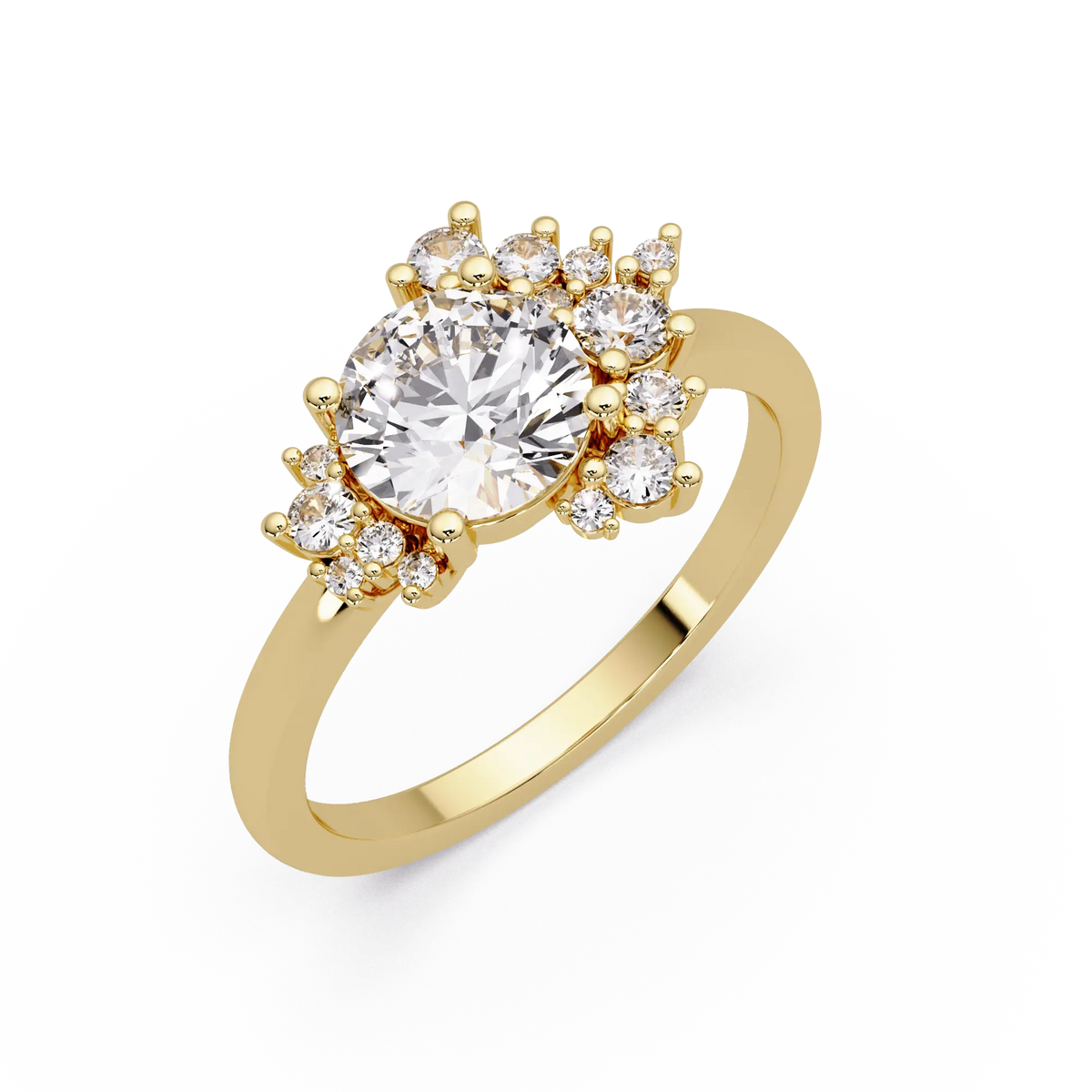 Modern Round Cut Lab Grown Diamond Engagement Ring with Statement Cluster Setting