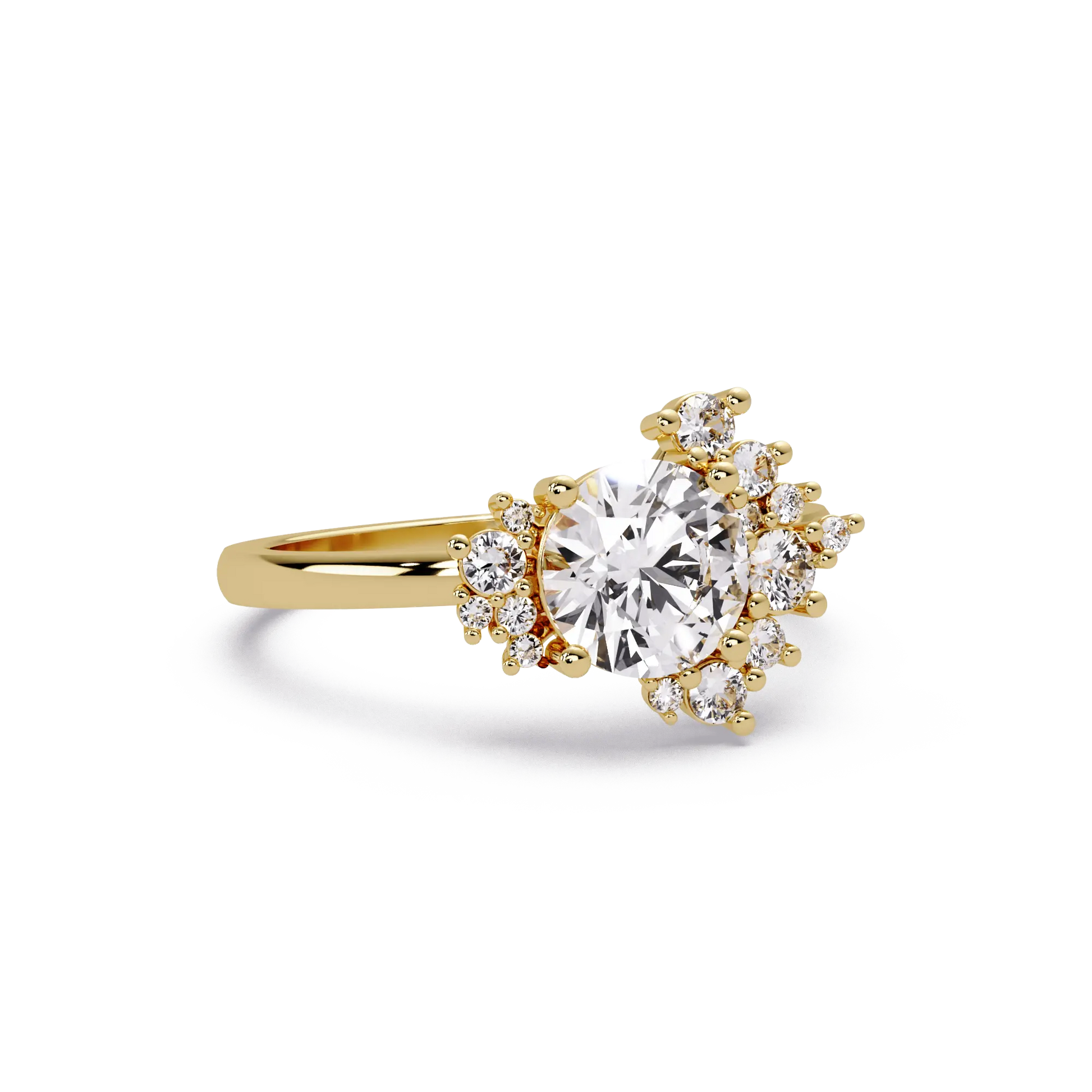 Modern Round Cut Lab Grown Diamond Engagement Ring with Statement Cluster Setting
