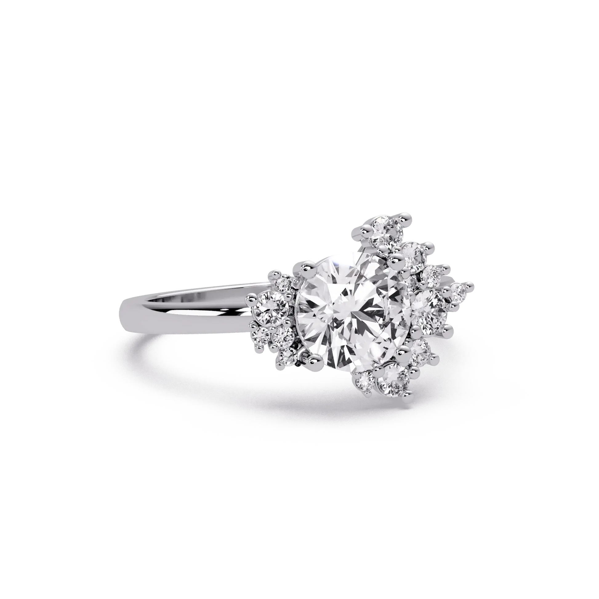 Modern Round Cut Lab Grown Diamond Engagement Ring with Statement Cluster Setting
