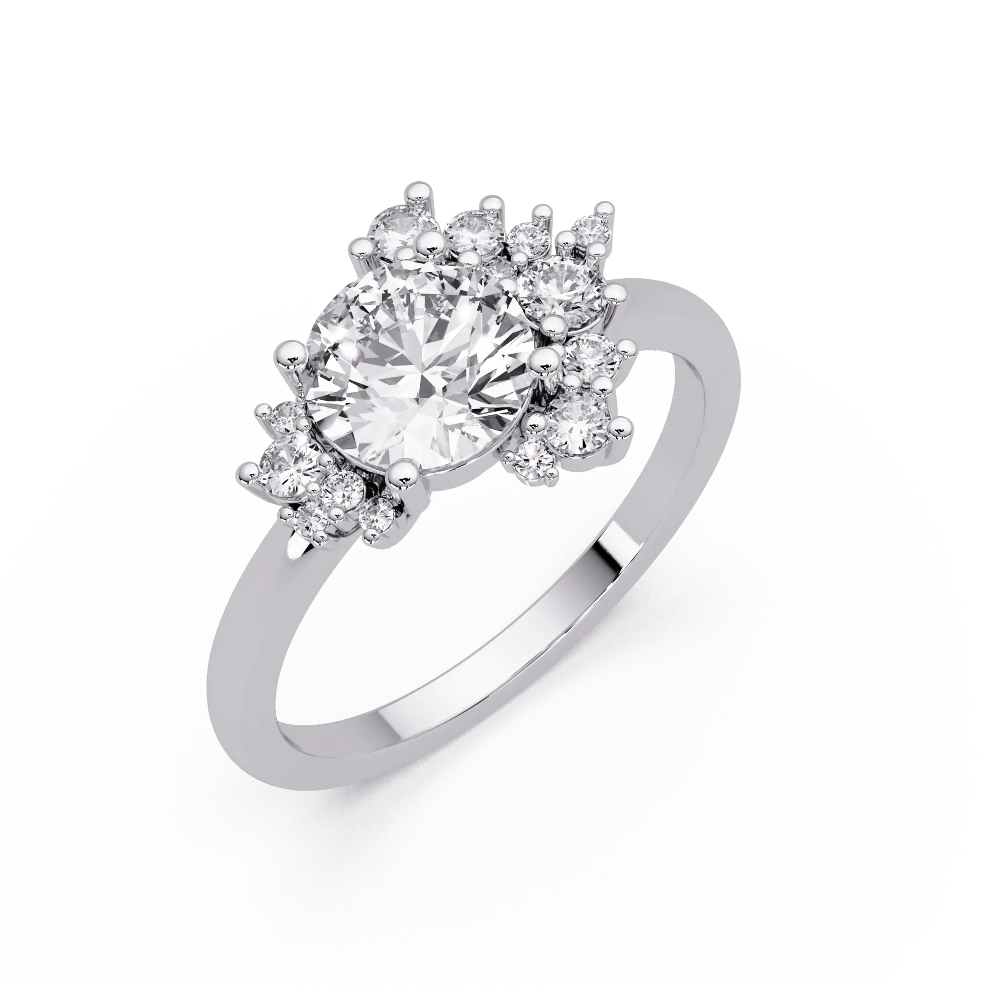 Modern Round Cut Lab Grown Diamond Engagement Ring with Statement Cluster Setting