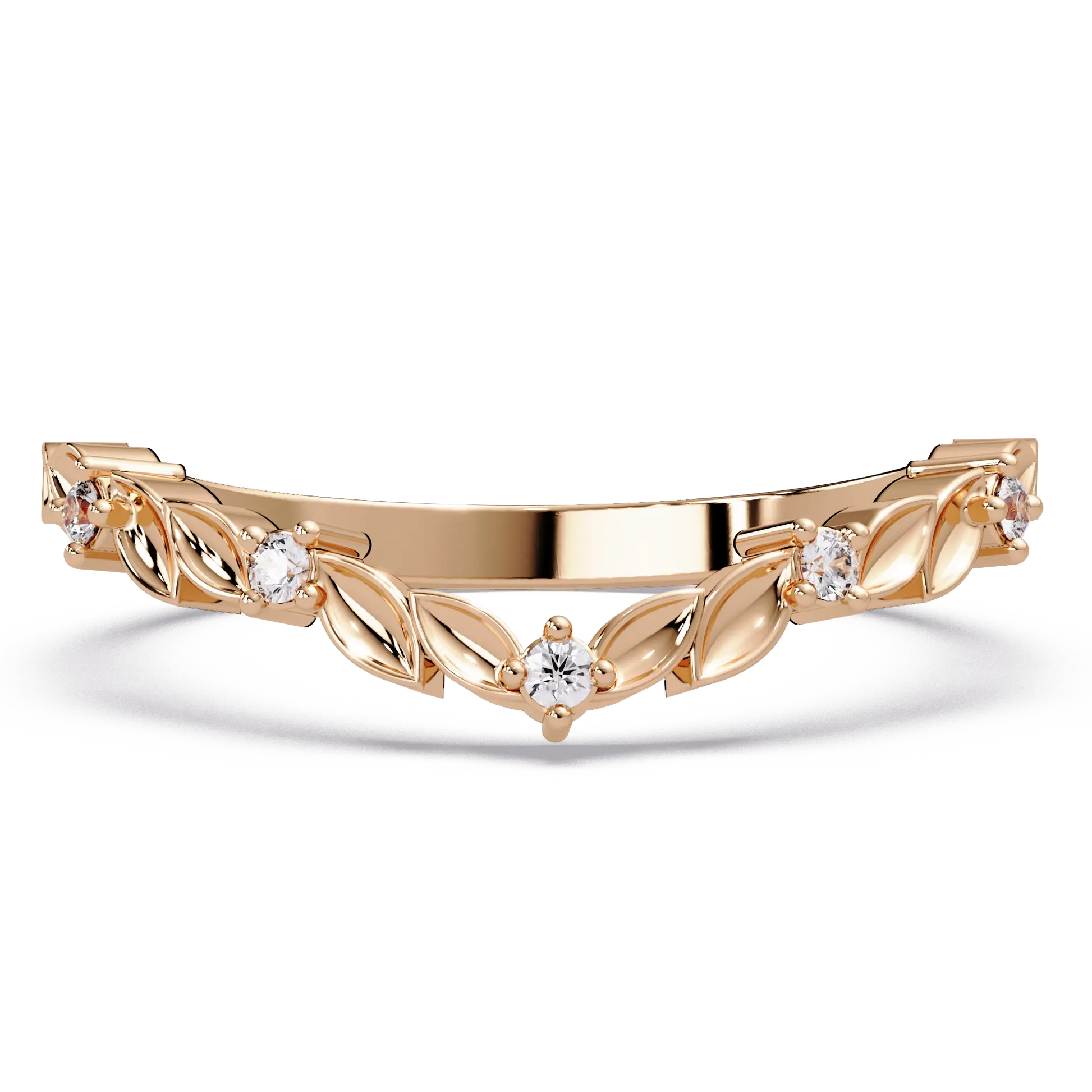 Nature Inspired Diamond Wedding Band Leaf Motif Curved Stackable Ring