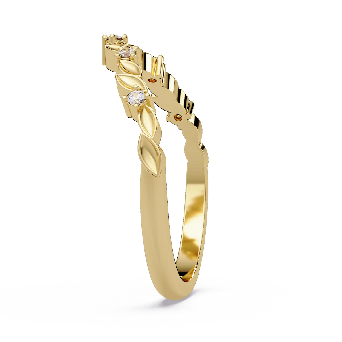 Nature Inspired Diamond Wedding Band Leaf Motif Curved Stackable Ring