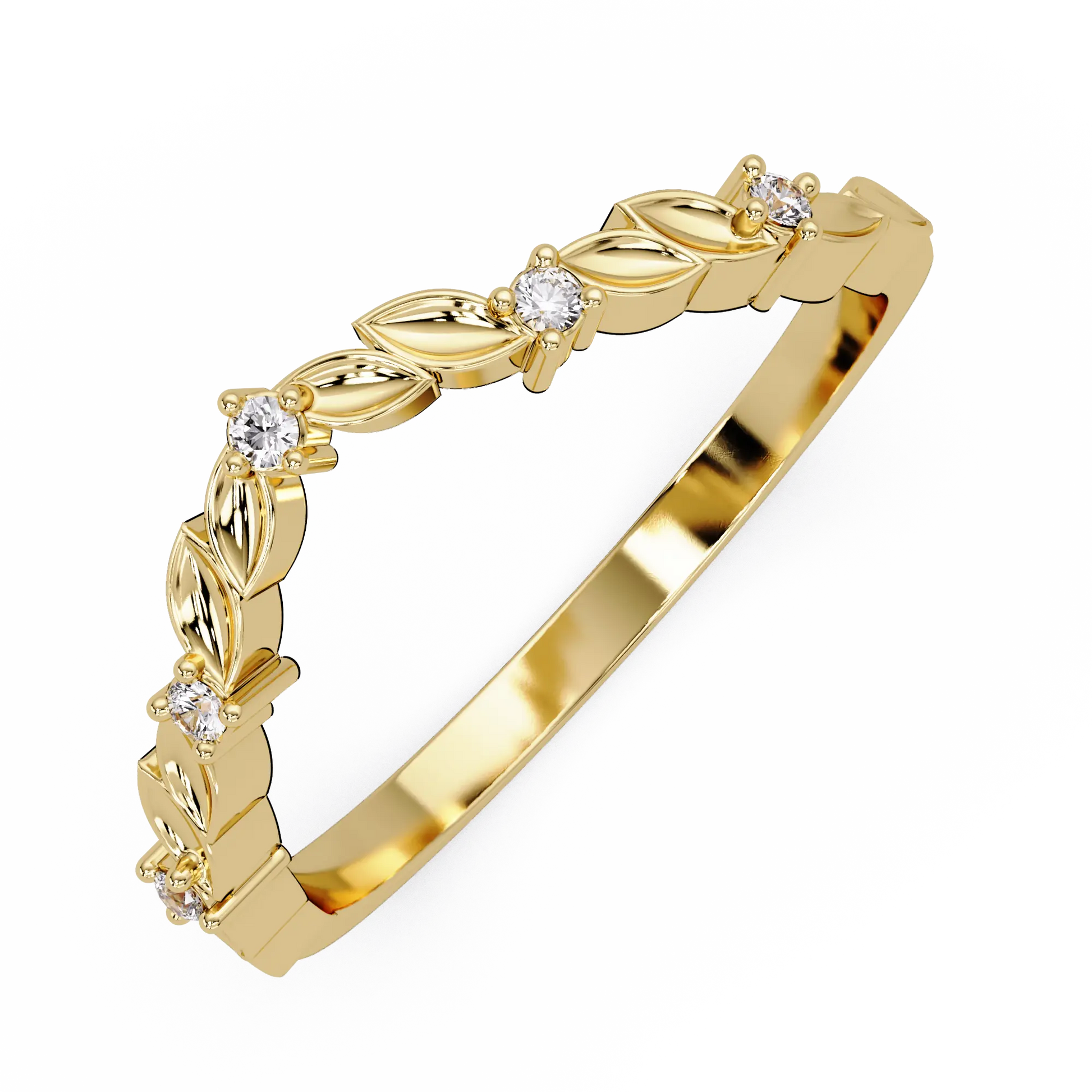 Nature Inspired Diamond Wedding Band Leaf Motif Curved Stackable Ring