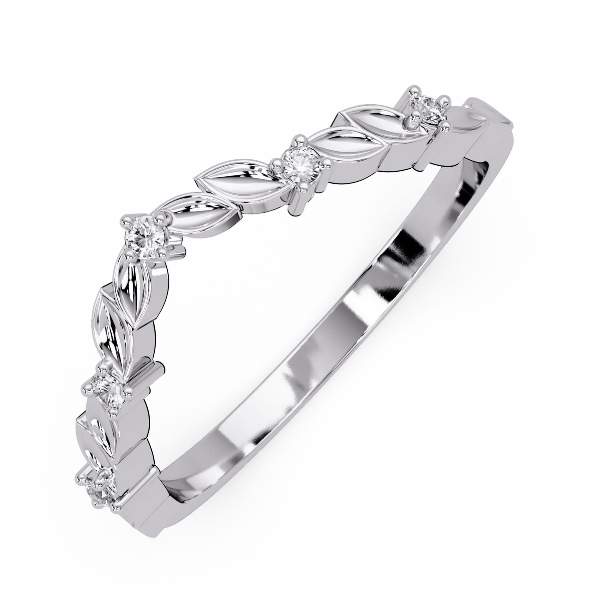 Nature Inspired Diamond Wedding Band Leaf Motif Curved Stackable Ring