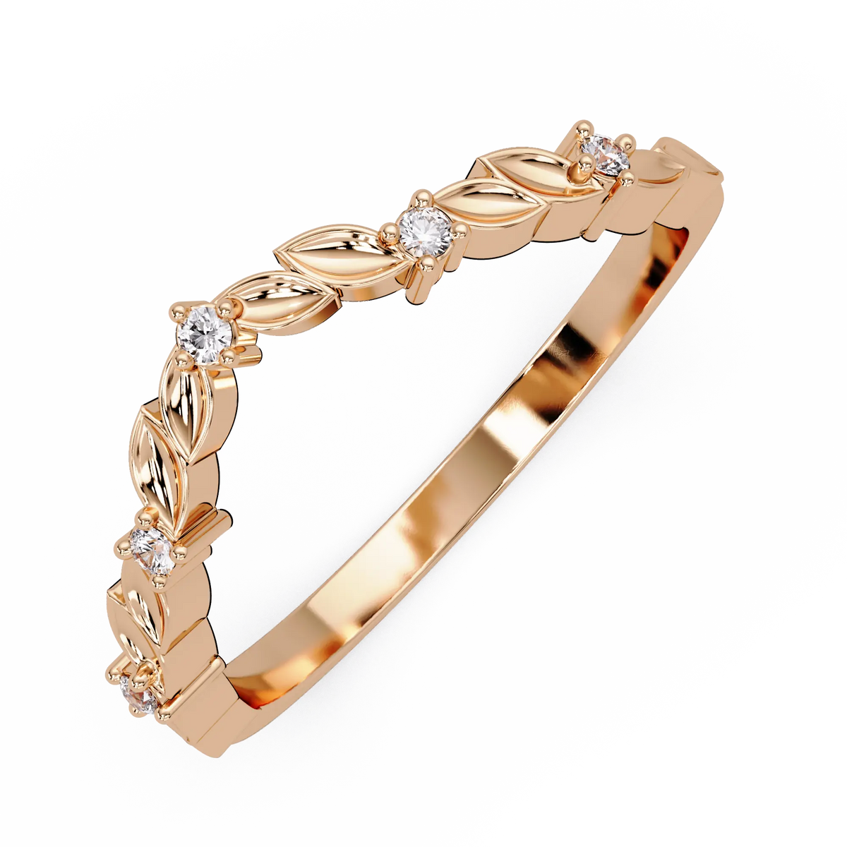 Nature Inspired Diamond Wedding Band Leaf Motif Curved Stackable Ring