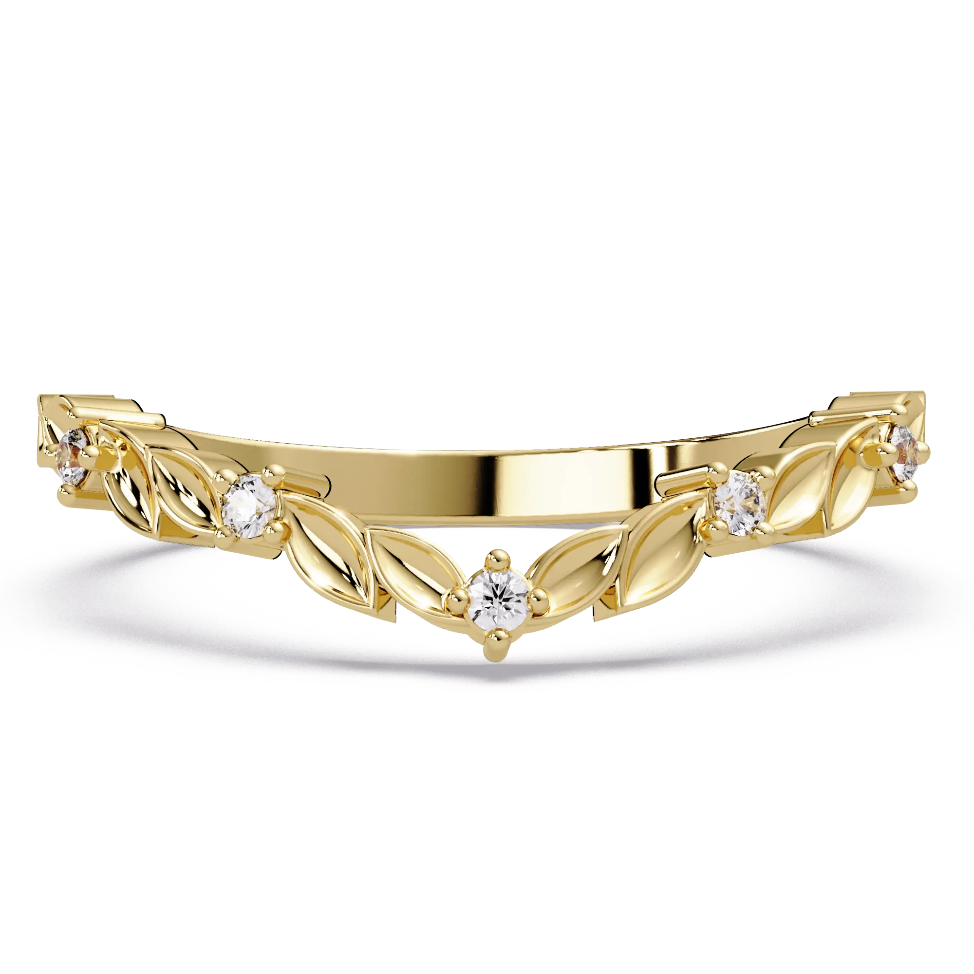 Nature Inspired Diamond Wedding Band Leaf Motif Curved Stackable Ring