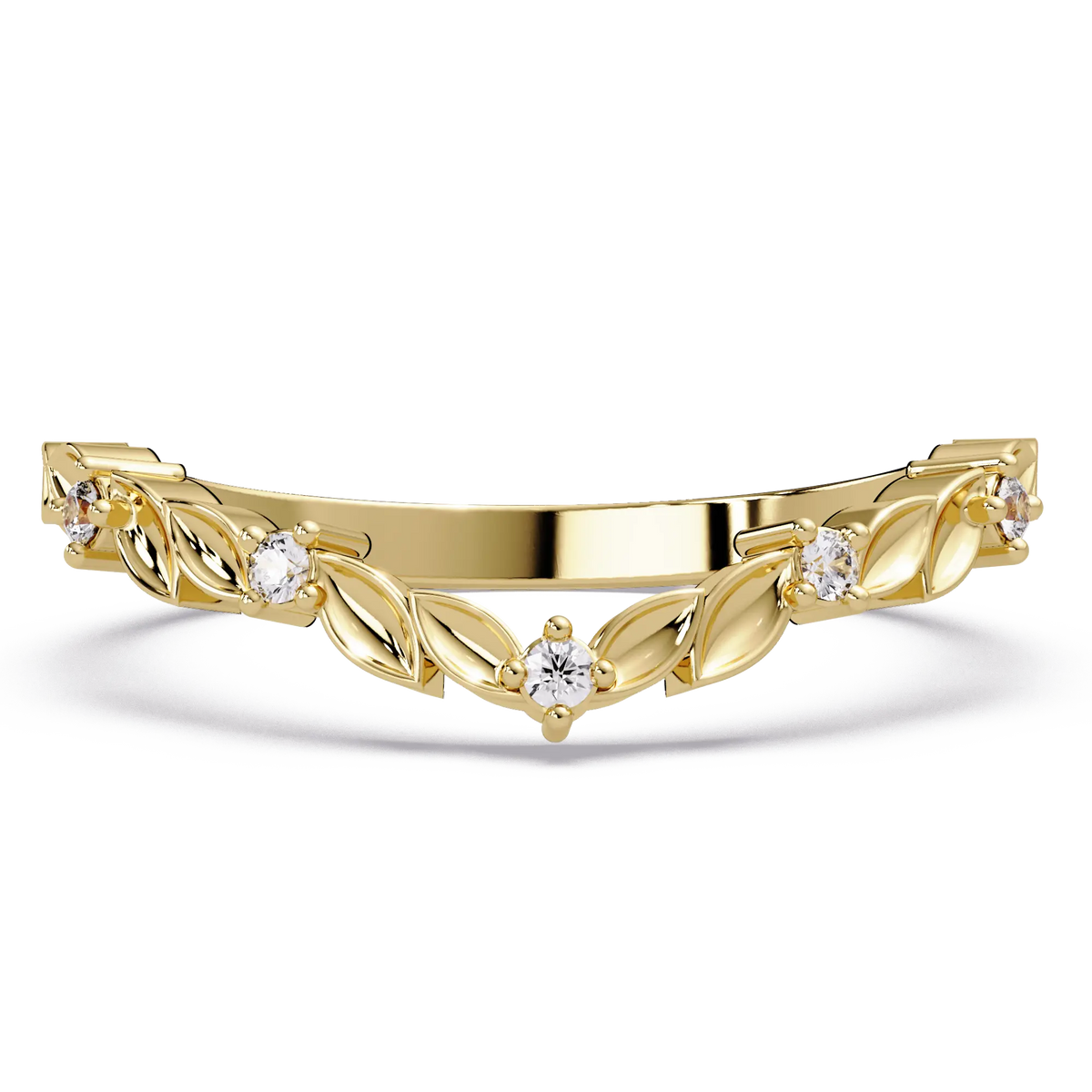 Nature Inspired Diamond Wedding Band Leaf Motif Curved Stackable Ring