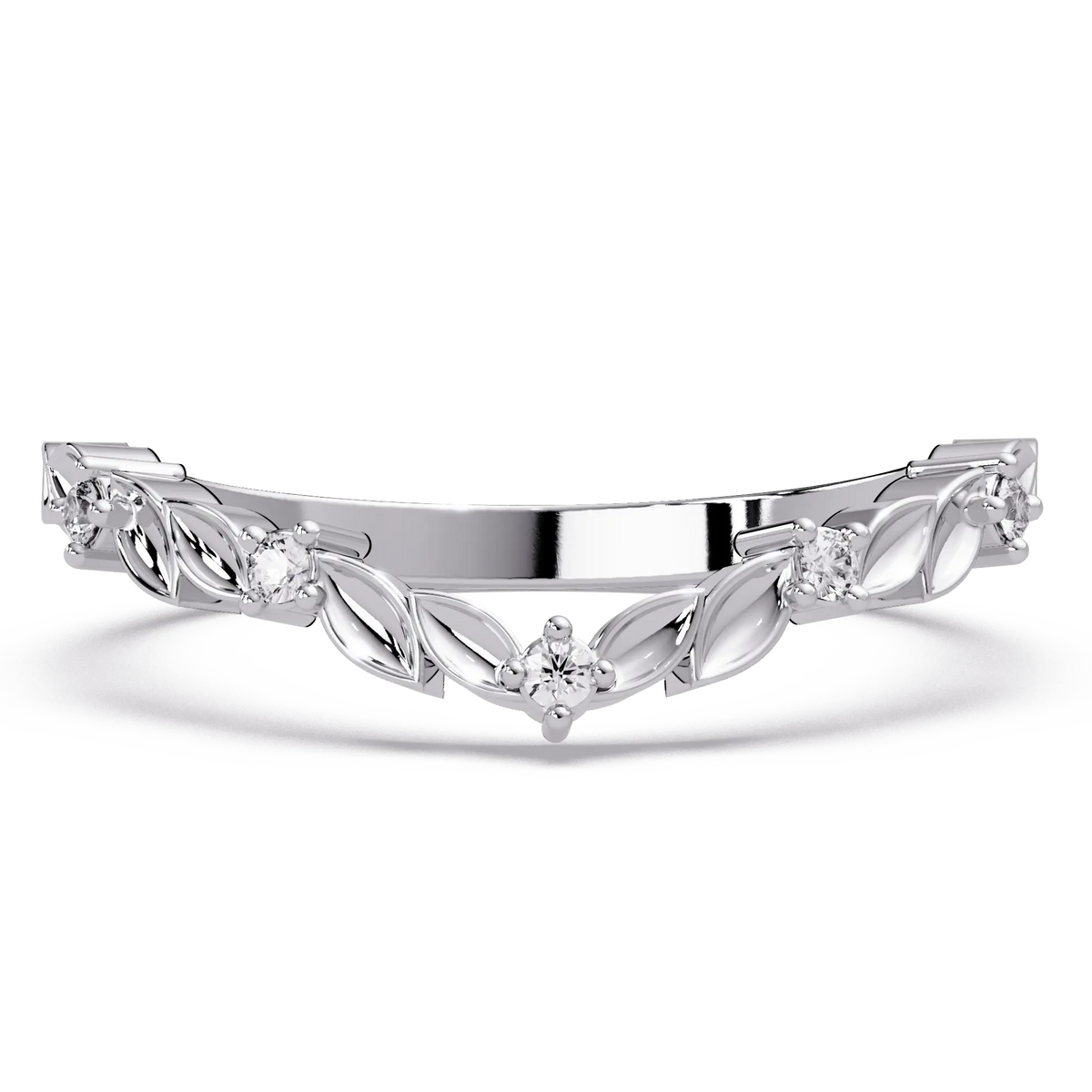 Nature Inspired Diamond Wedding Band Leaf Motif Curved Stackable Ring