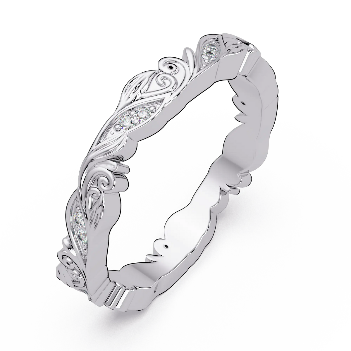 Nature Inspired Diamond Wedding Band & Vintage Leaf Engraved Gold Ring