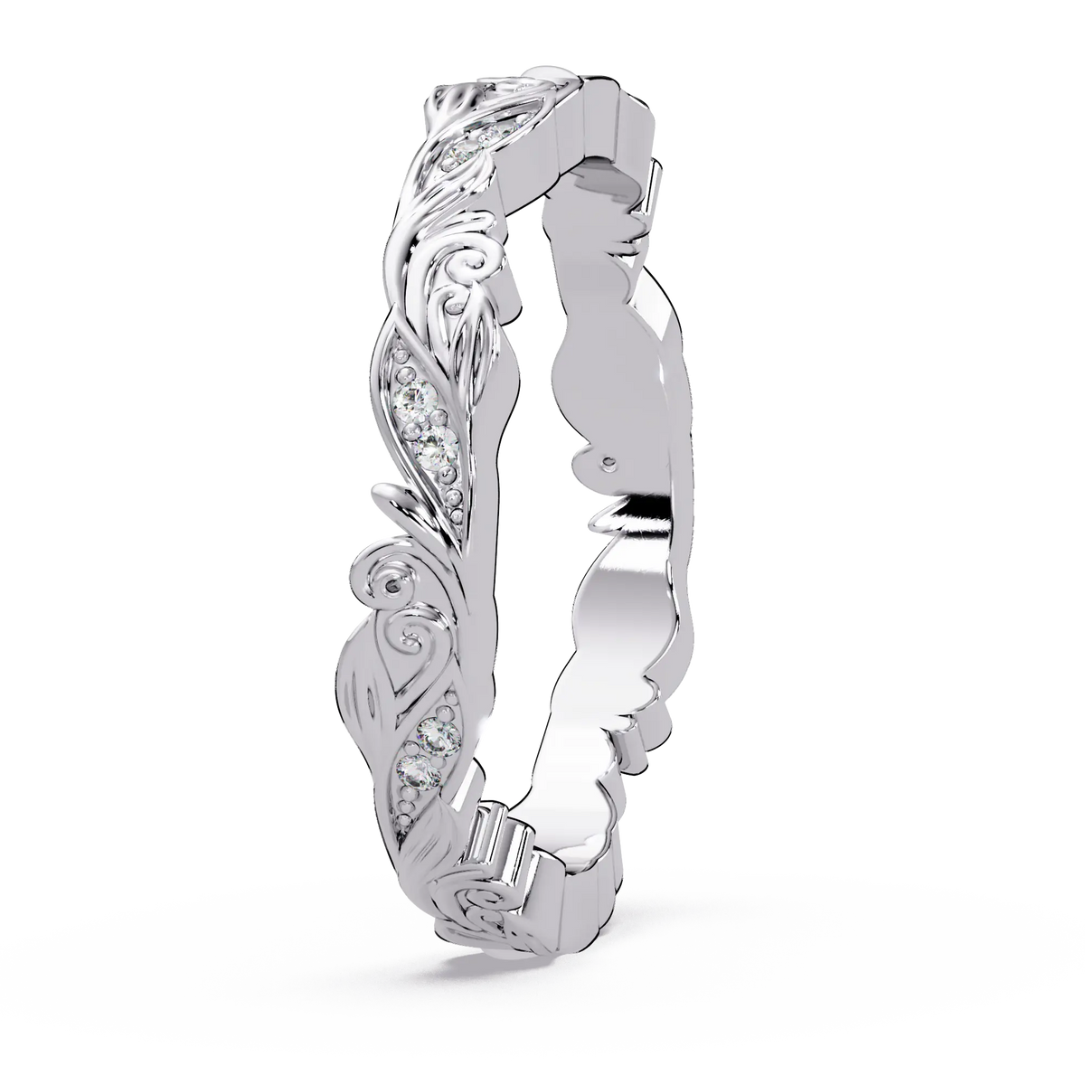 Nature Inspired Diamond Wedding Band & Vintage Leaf Engraved Gold Ring