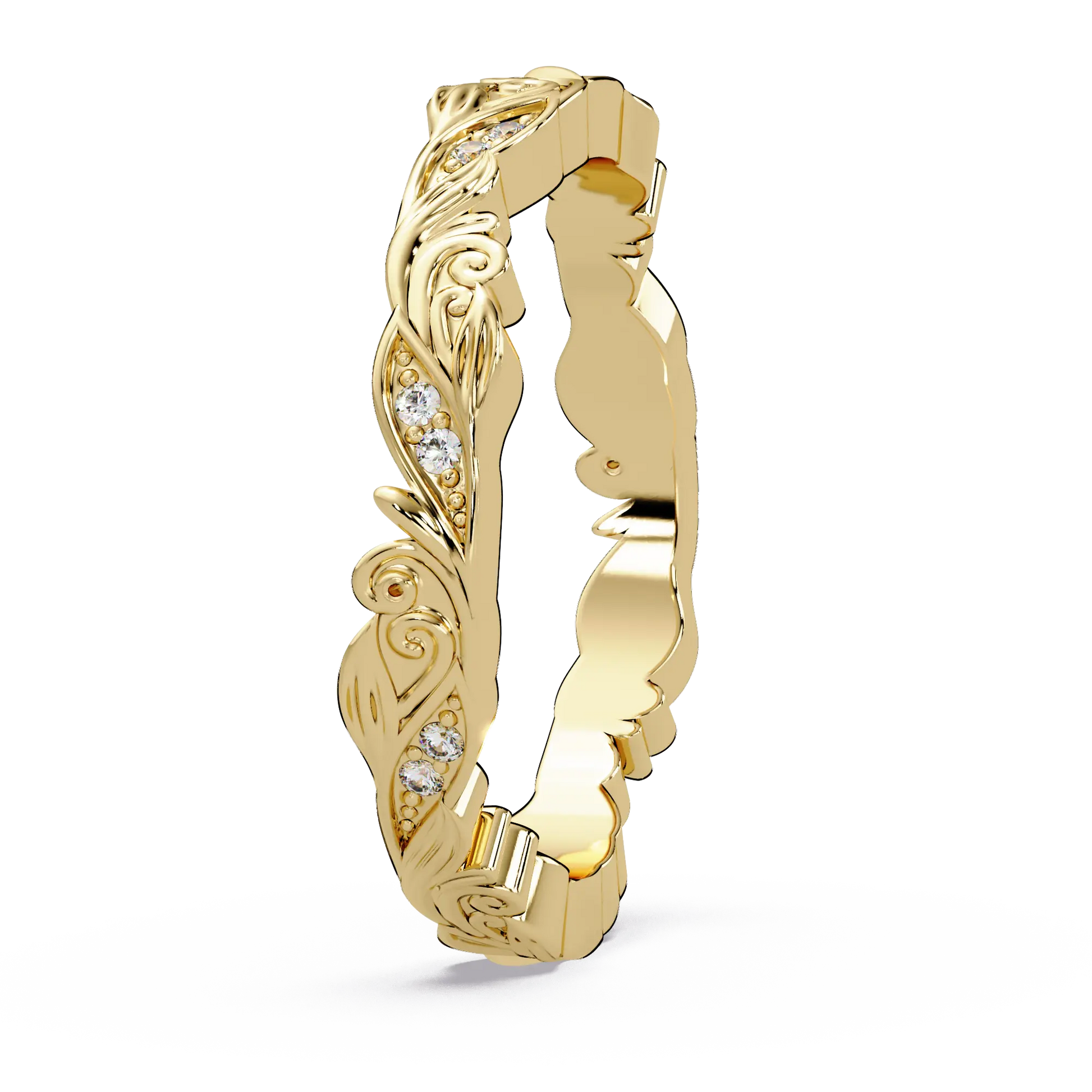 Nature Inspired Diamond Wedding Band & Vintage Leaf Engraved Gold Ring