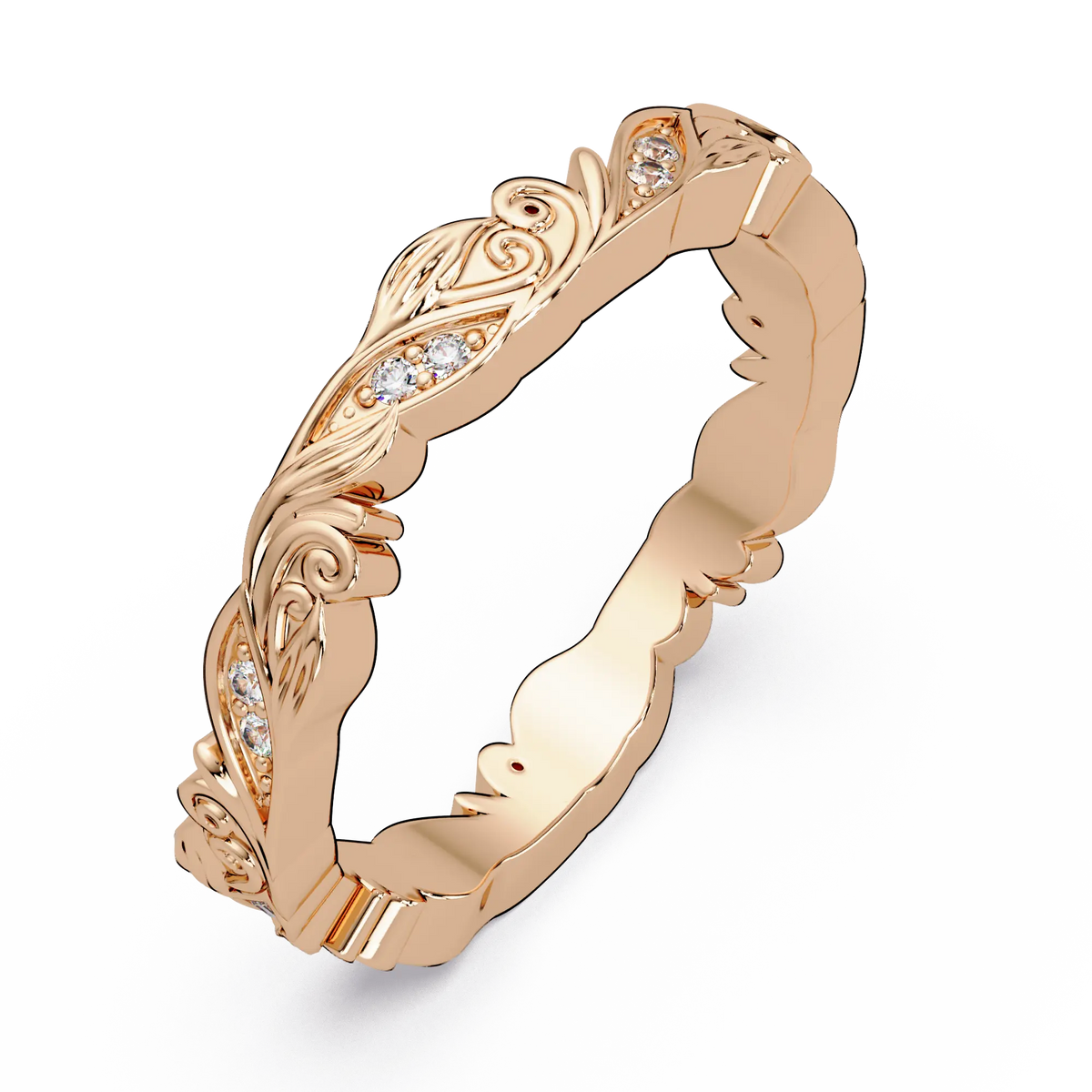 Nature Inspired Diamond Wedding Band & Vintage Leaf Engraved Gold Ring