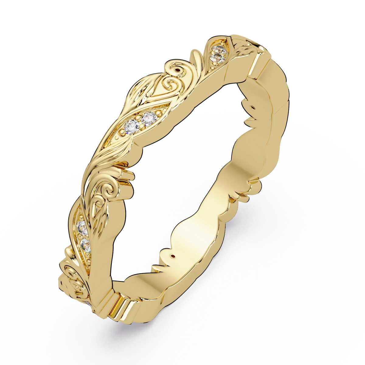 Nature Inspired Diamond Wedding Band & Vintage Leaf Engraved Gold Ring