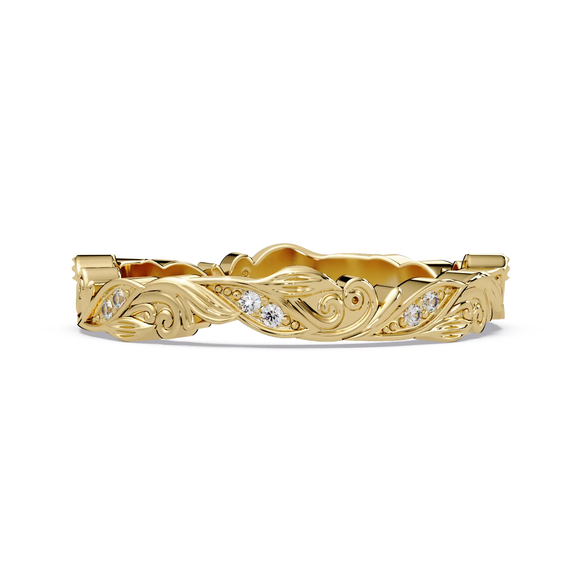 Nature Inspired Diamond Wedding Band & Vintage Leaf Engraved Gold Ring