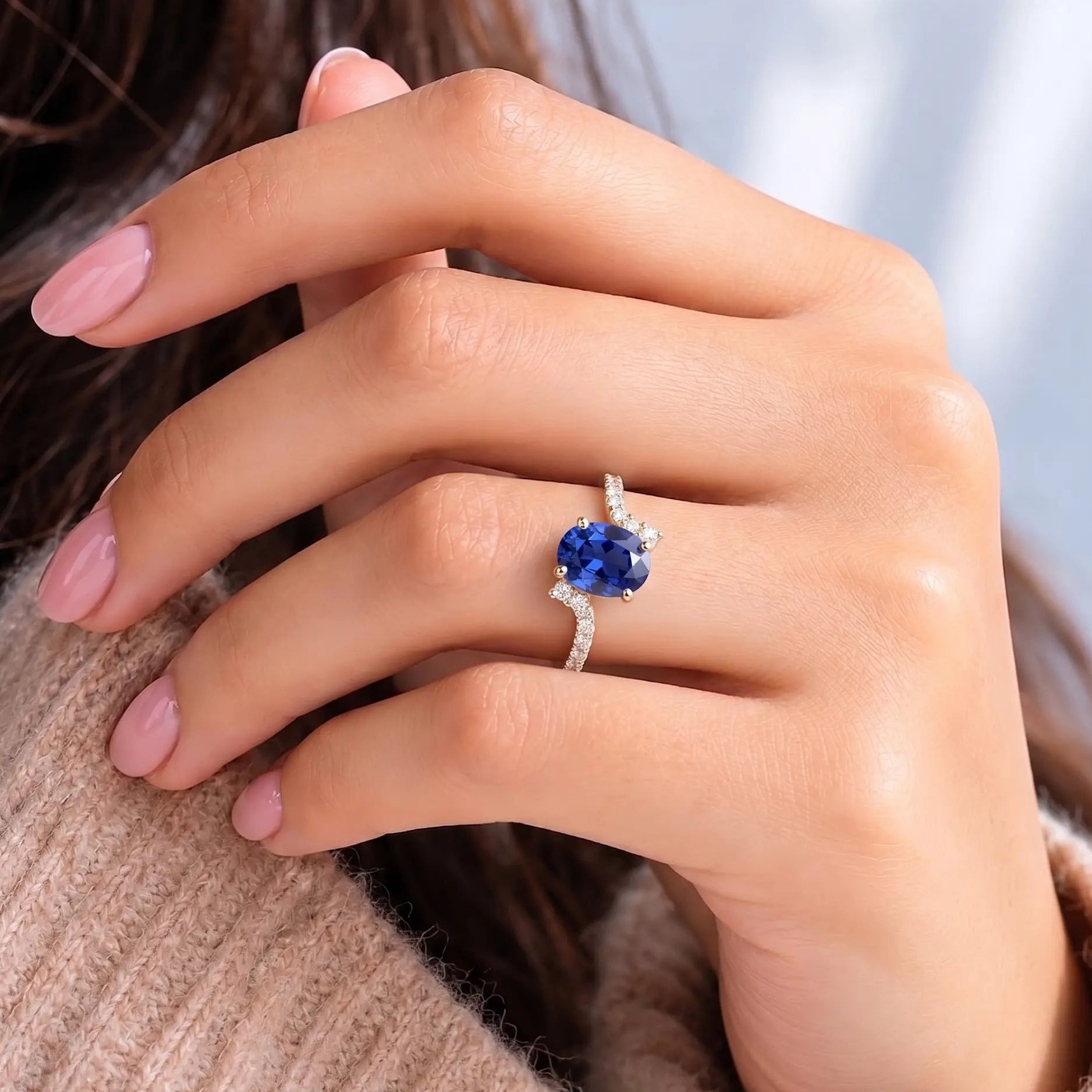 Oval Blue Sapphire Engagement Ring with Lab Grown Diamond Cluster Accents