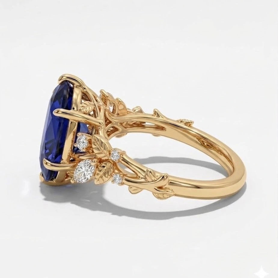 Oval Blue Sapphire Nature Inspired Ring Leaf Engagement Ring Floral Sapphire Ring Botanical Blue Gemstone Jewelry