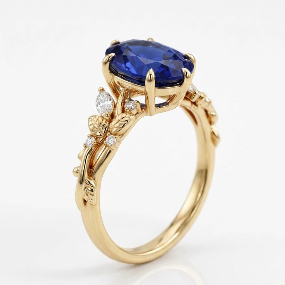Oval Blue Sapphire Nature Inspired Ring Leaf Engagement Ring Floral Sapphire Ring Botanical Blue Gemstone Jewelry