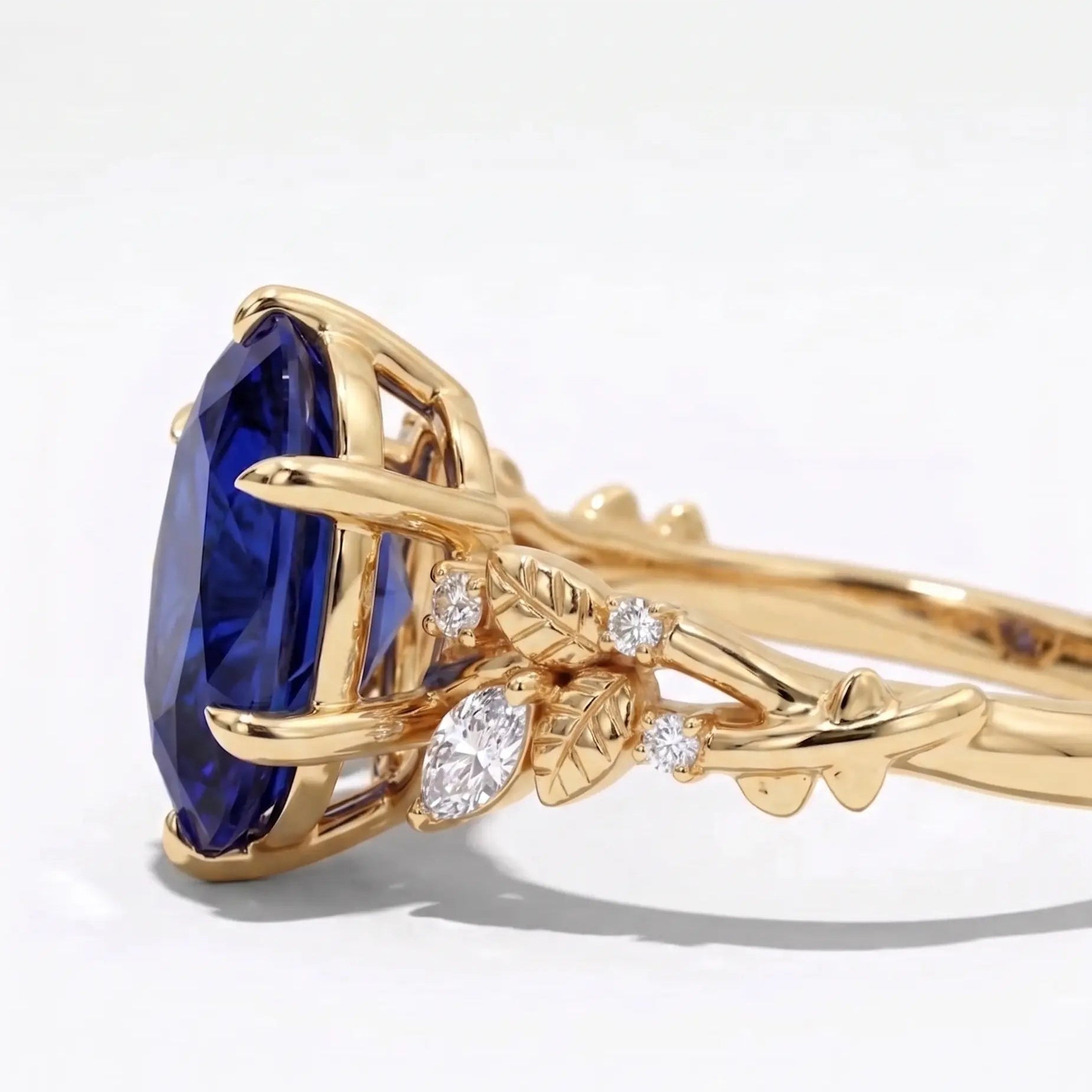 Oval Blue Sapphire Nature Inspired Ring Leaf Engagement Ring Floral Sapphire Ring Botanical Blue Gemstone Jewelry