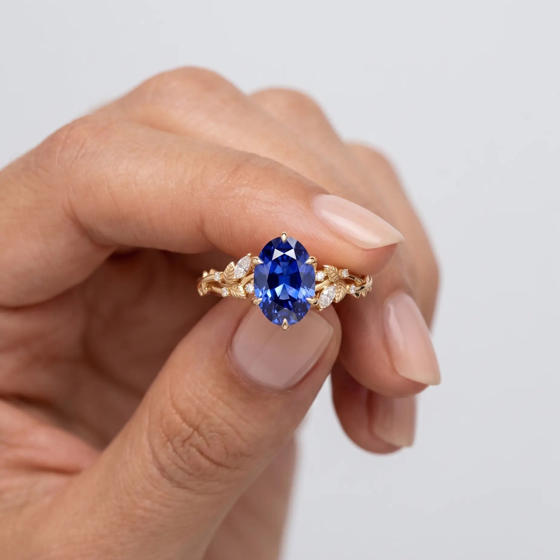 Oval Blue Sapphire Nature Inspired Ring Leaf Engagement Ring Floral Sapphire Ring Botanical Blue Gemstone Jewelry