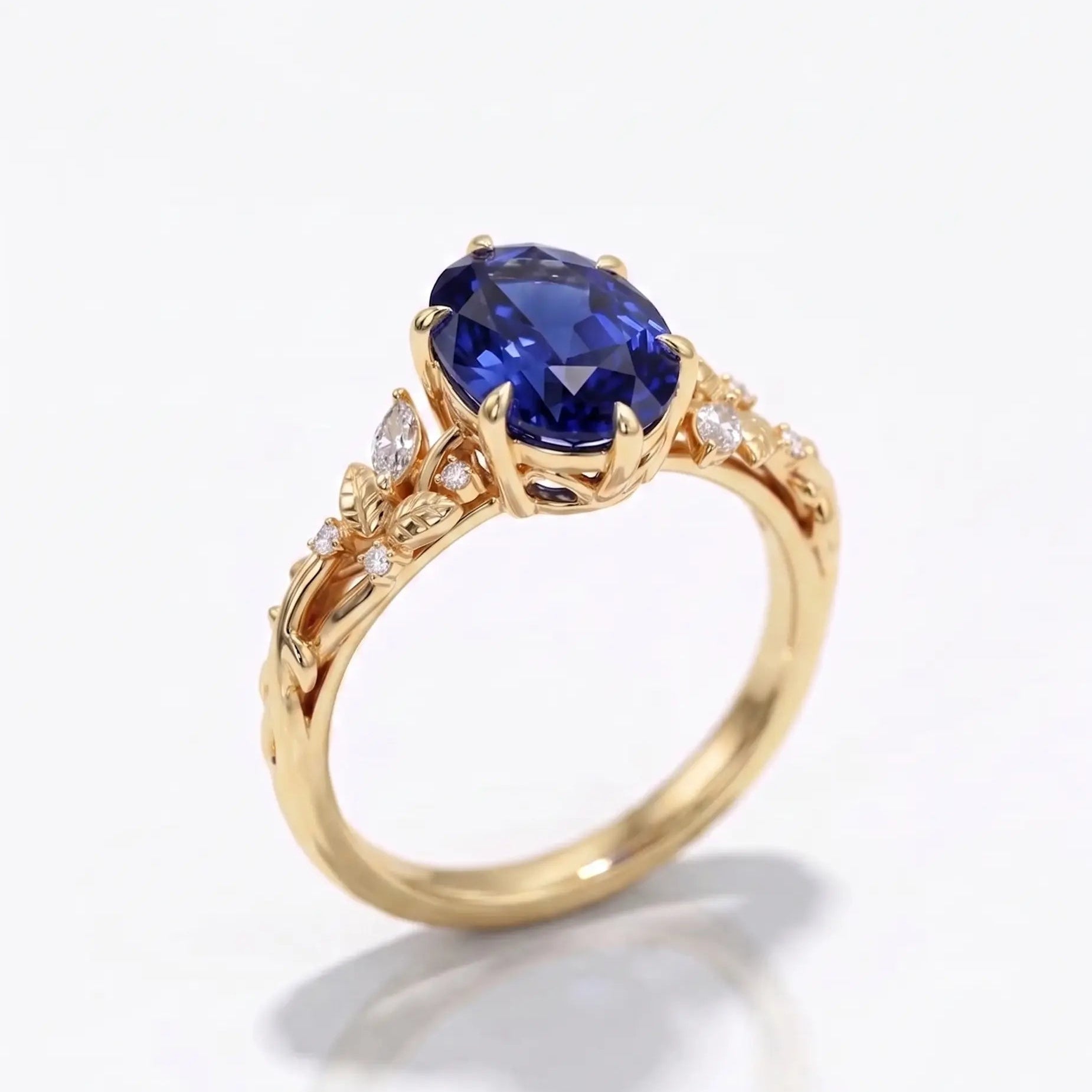 Oval Blue Sapphire Nature Inspired Ring Leaf Engagement Ring Floral Sapphire Ring Botanical Blue Gemstone Jewelry