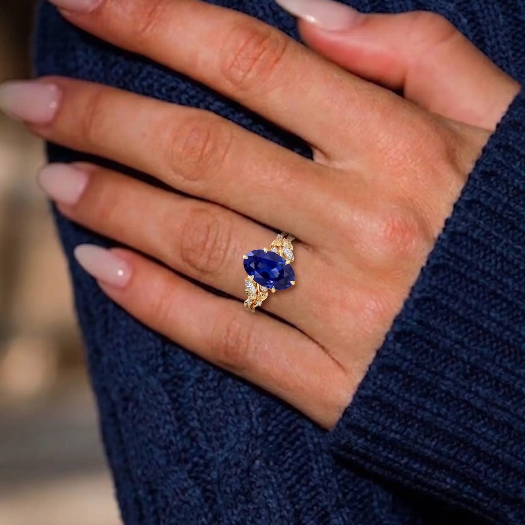 Oval Blue Sapphire Nature Inspired Ring Leaf Engagement Ring Floral Sapphire Ring Botanical Blue Gemstone Jewelry
