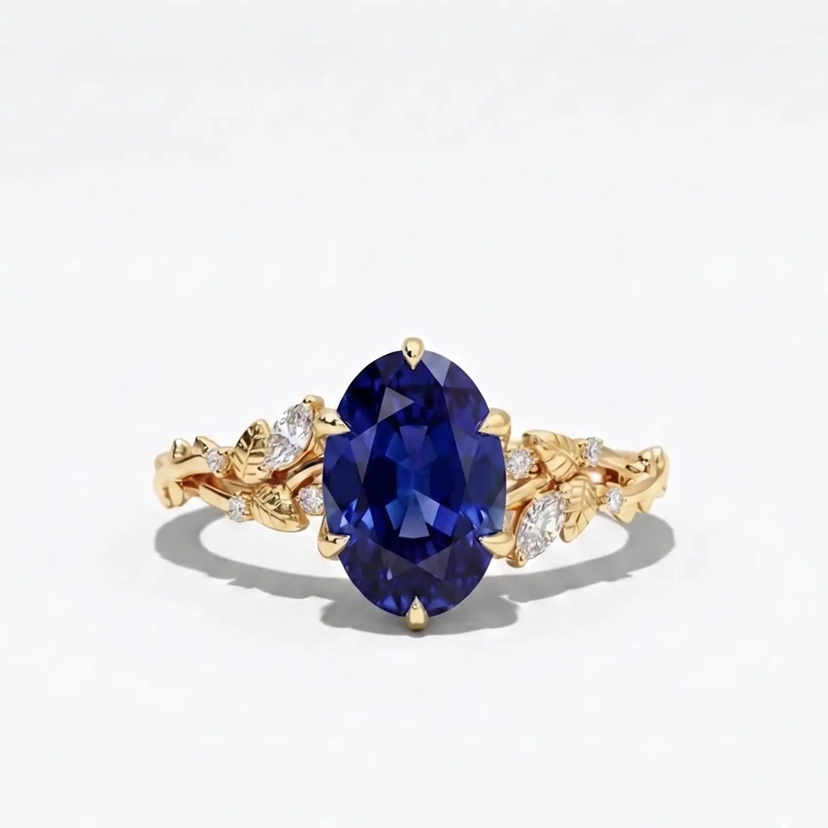 Oval Blue Sapphire Nature Inspired Ring Leaf Engagement Ring Floral Sapphire Ring Botanical Blue Gemstone Jewelry