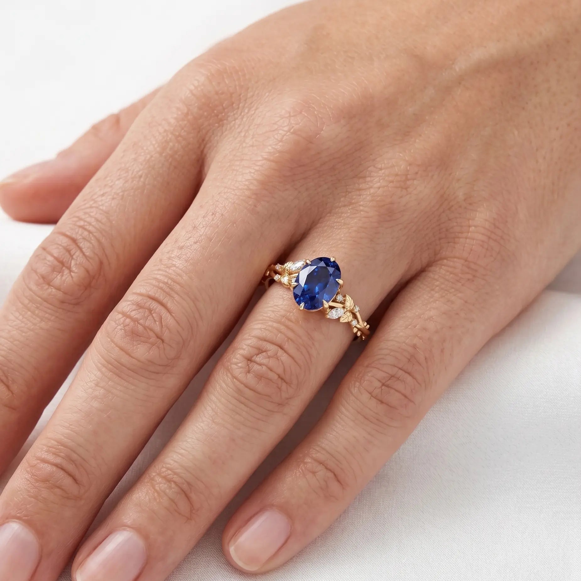 Oval Blue Sapphire Nature Inspired Ring Leaf Engagement Ring Floral Sapphire Ring Botanical Blue Gemstone Jewelry