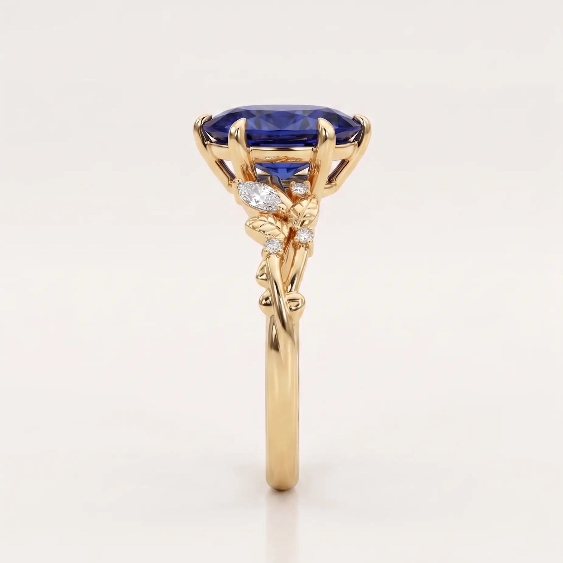 Oval Blue Sapphire Nature Inspired Ring Leaf Engagement Ring Floral Sapphire Ring Botanical Blue Gemstone Jewelry