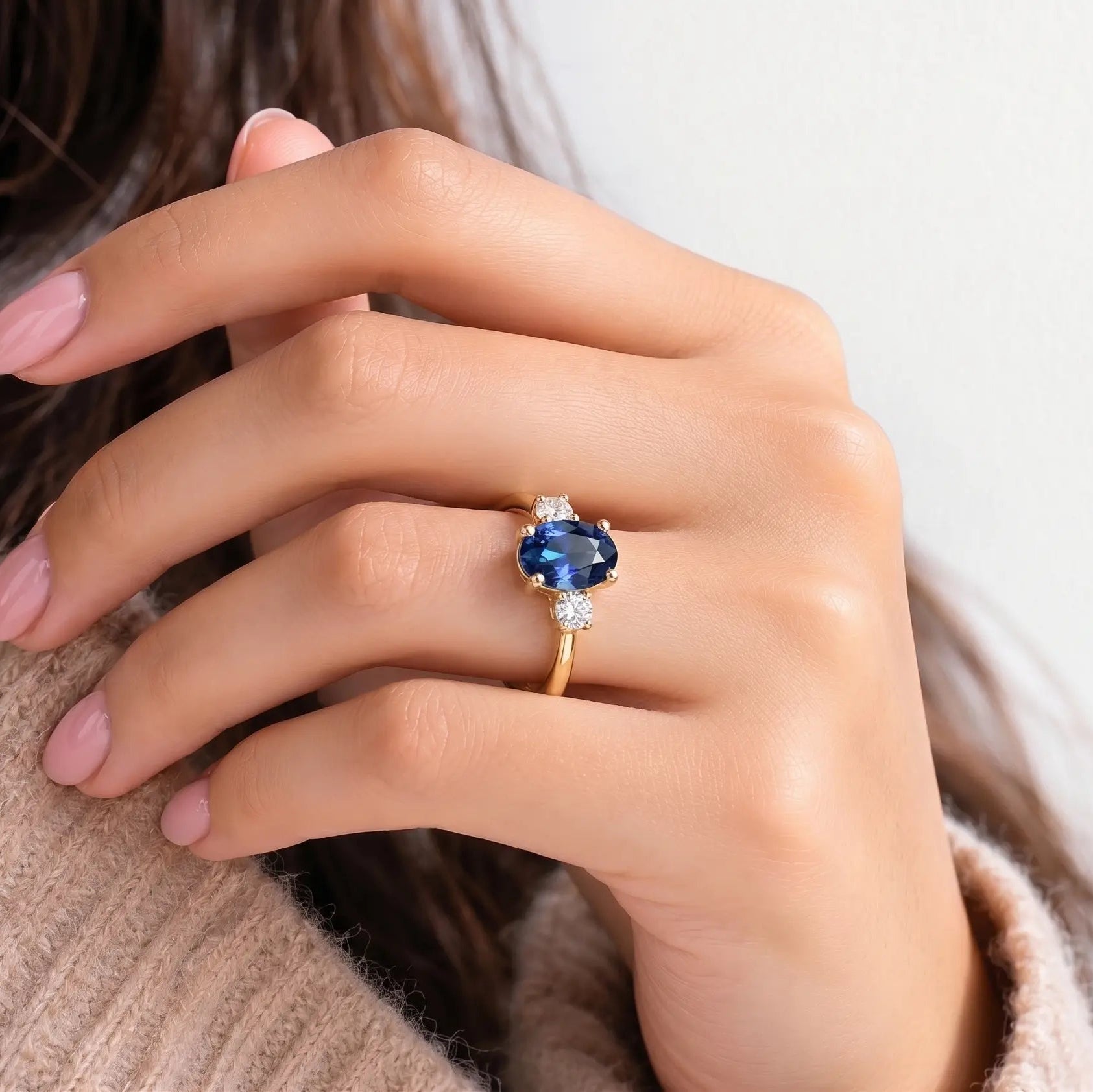 Oval Blue Sapphire Three Stone Engagement Ring with Diamond Accents Elegant Sapphire & Diamond Ring