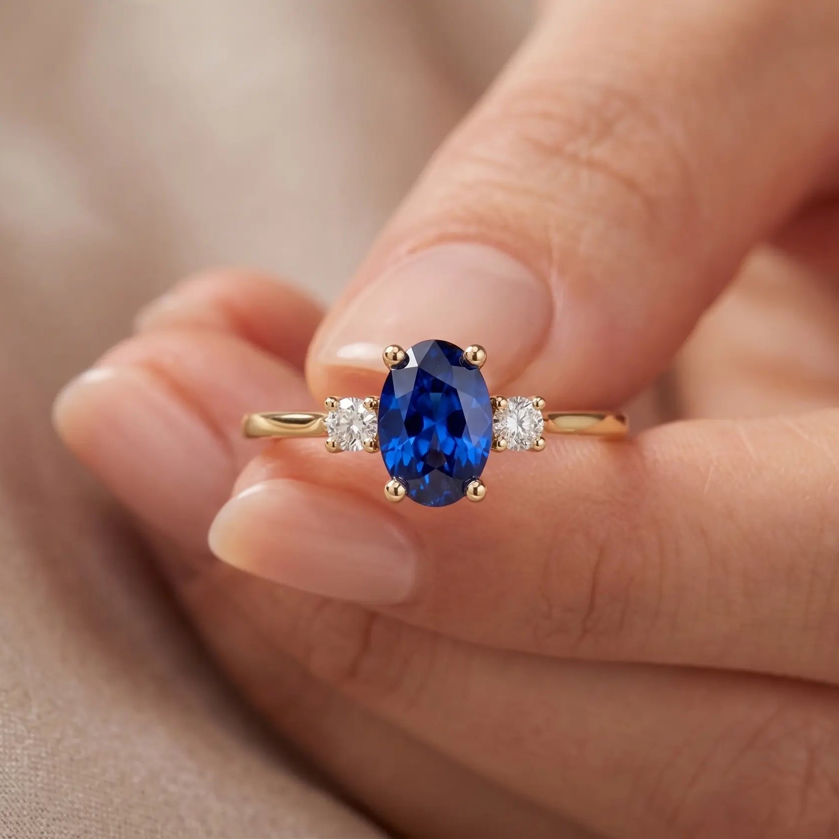 Oval Blue Sapphire Three Stone Engagement Ring with Diamond Accents Elegant Sapphire & Diamond Ring