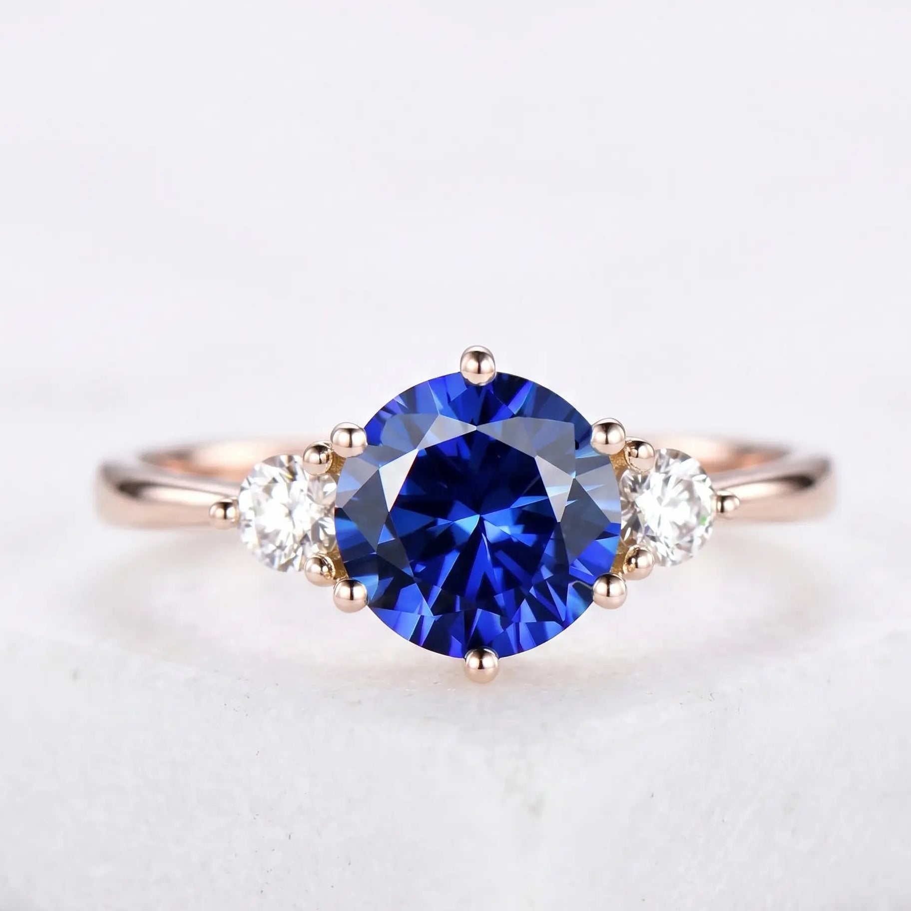 Oval Blue Sapphire Three Stone Engagement Ring with Diamond Side Stones Elegant Sapphire Trilogy Ring