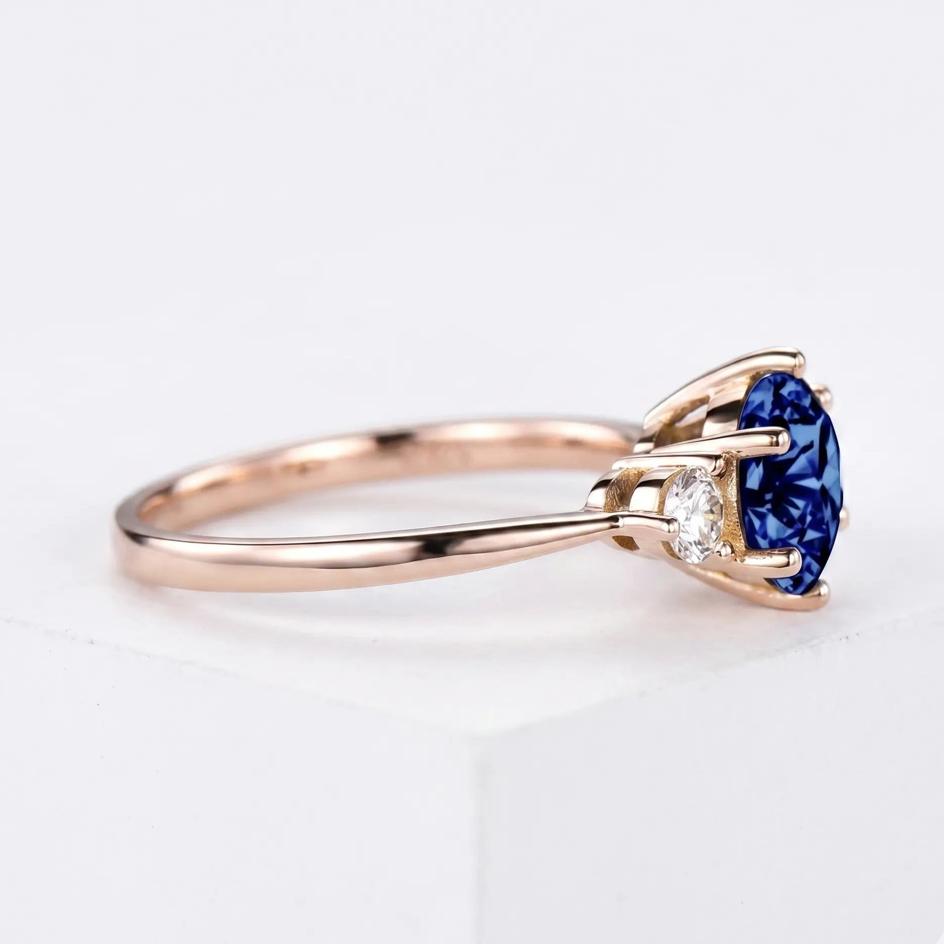 Oval Blue Sapphire Three Stone Engagement Ring with Diamond Side Stones Elegant Sapphire Trilogy Ring