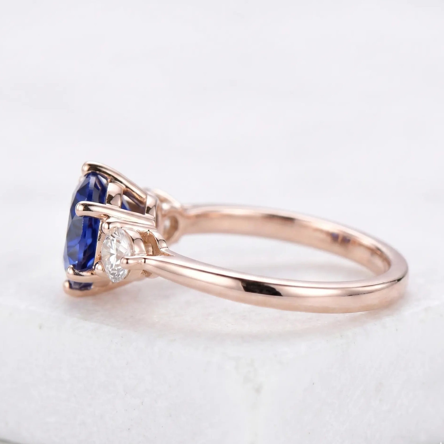 Oval Blue Sapphire Three Stone Engagement Ring with Diamond Side Stones Elegant Sapphire Trilogy Ring