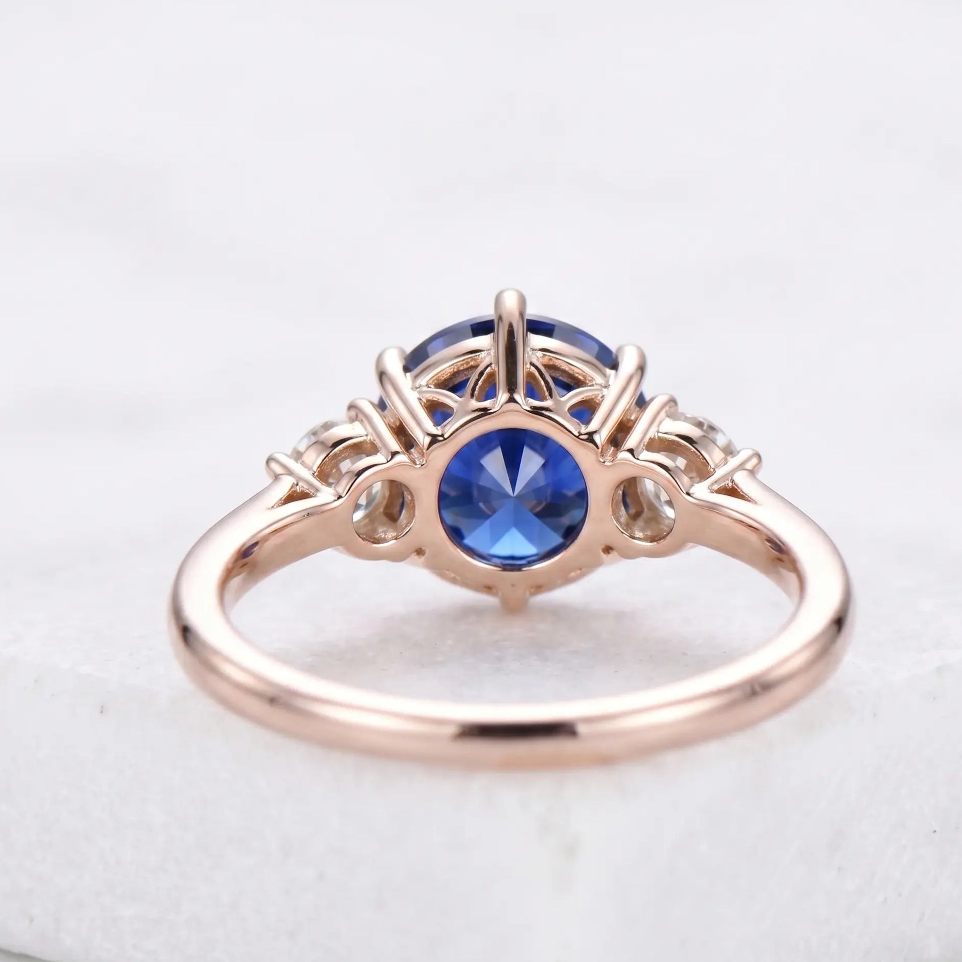 Oval Blue Sapphire Three Stone Engagement Ring with Diamond Side Stones Elegant Sapphire Trilogy Ring