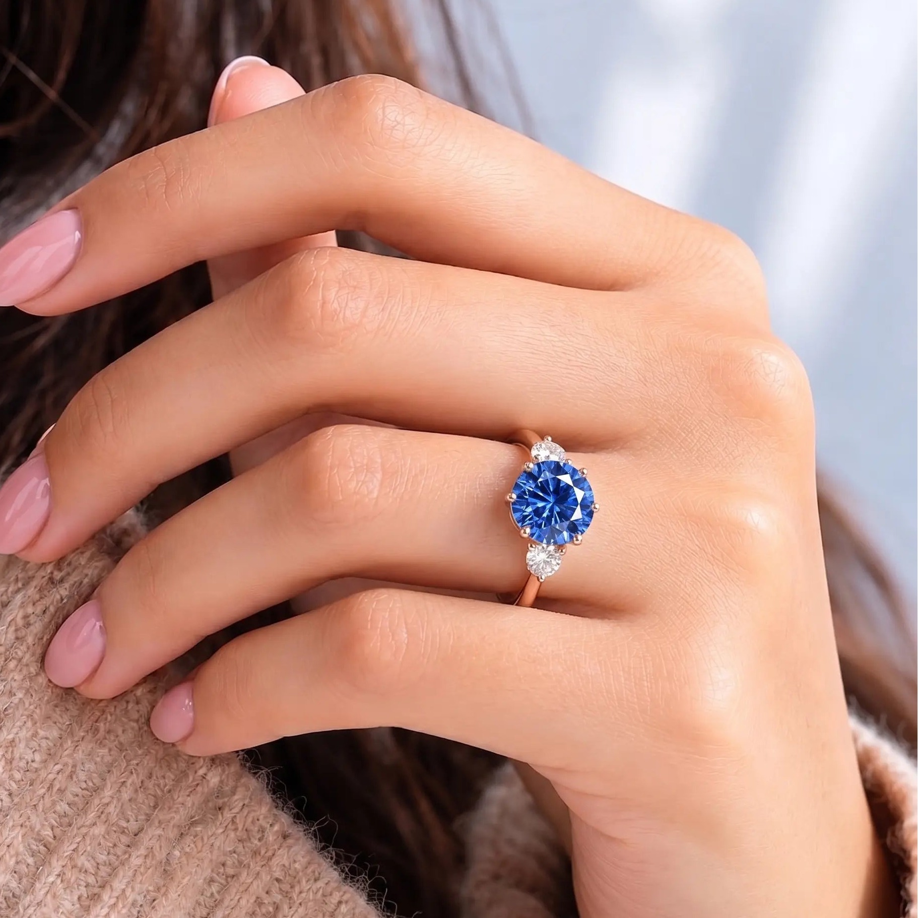 Round Blue Sapphire Three Stone Engagement Ring with Lab Diamond Side Stones Elegant Sapphire Trilogy Ring