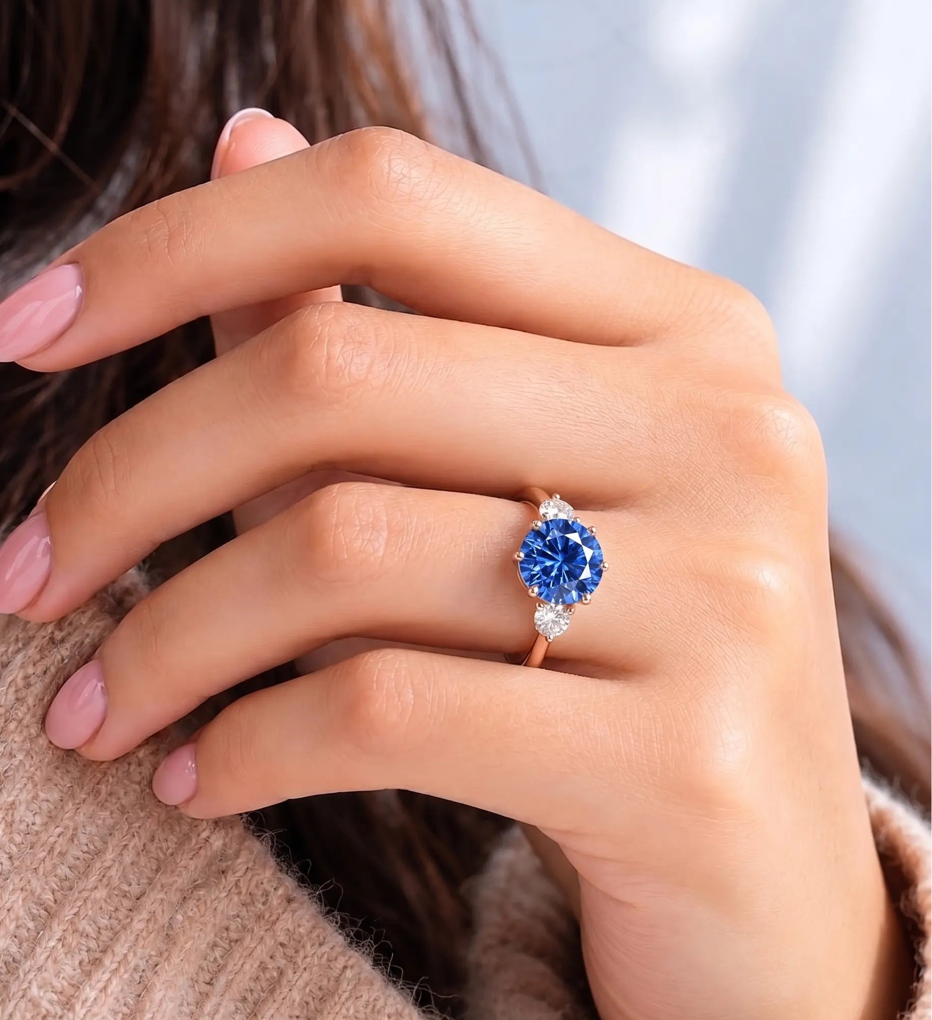Oval Blue Sapphire Three Stone Engagement Ring with Diamond Side Stones Elegant Sapphire Trilogy Ring