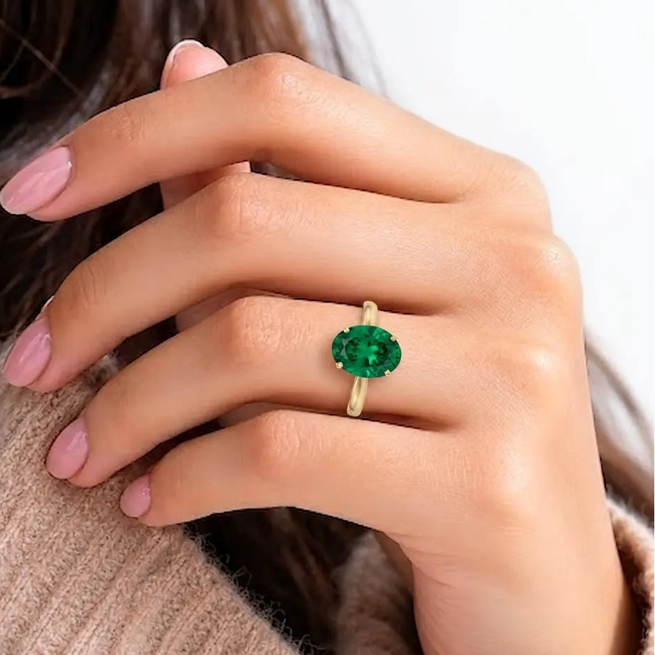 Oval Cut Lab Grown Emerald Solitaire Engagement Ring – Classic Four Prong Minimalist Design
