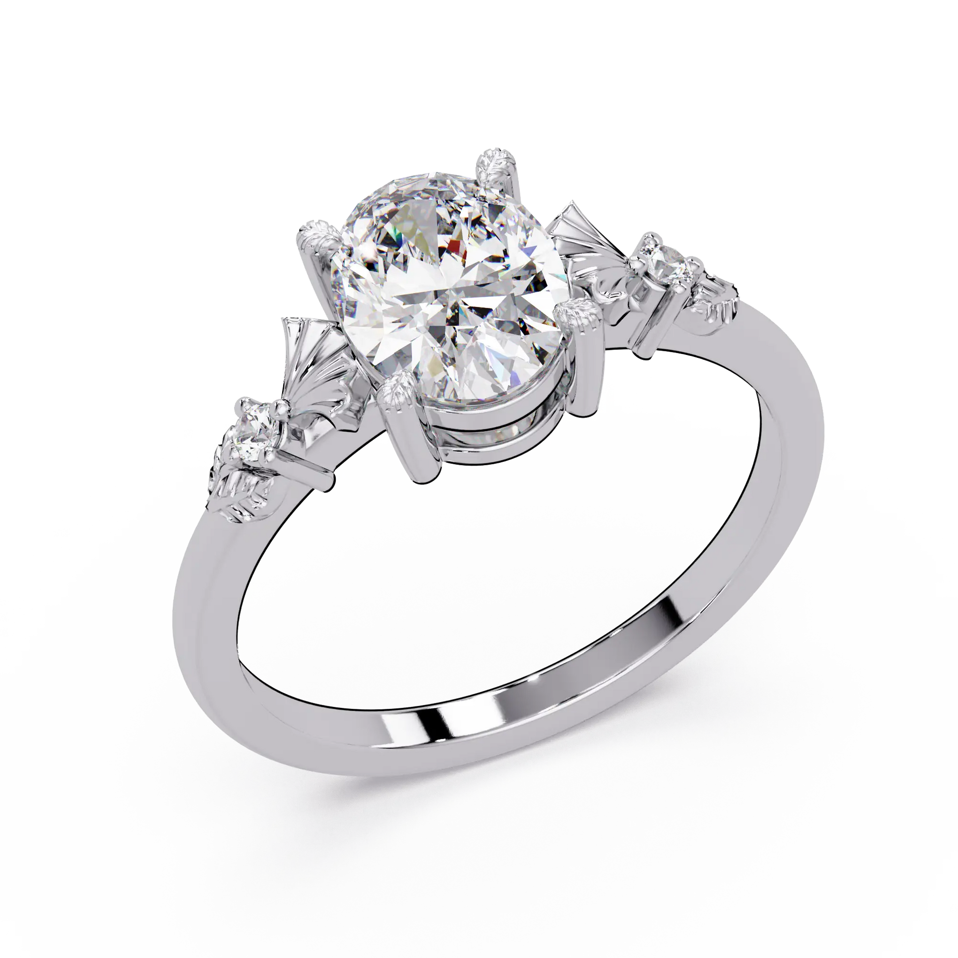 Oval Lab Grown Diamond Engagement Ring with Vintage Fan Accents