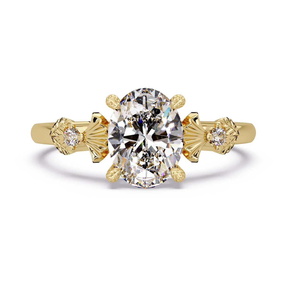 Oval Lab Grown Diamond Engagement Ring with Vintage Fan Accents