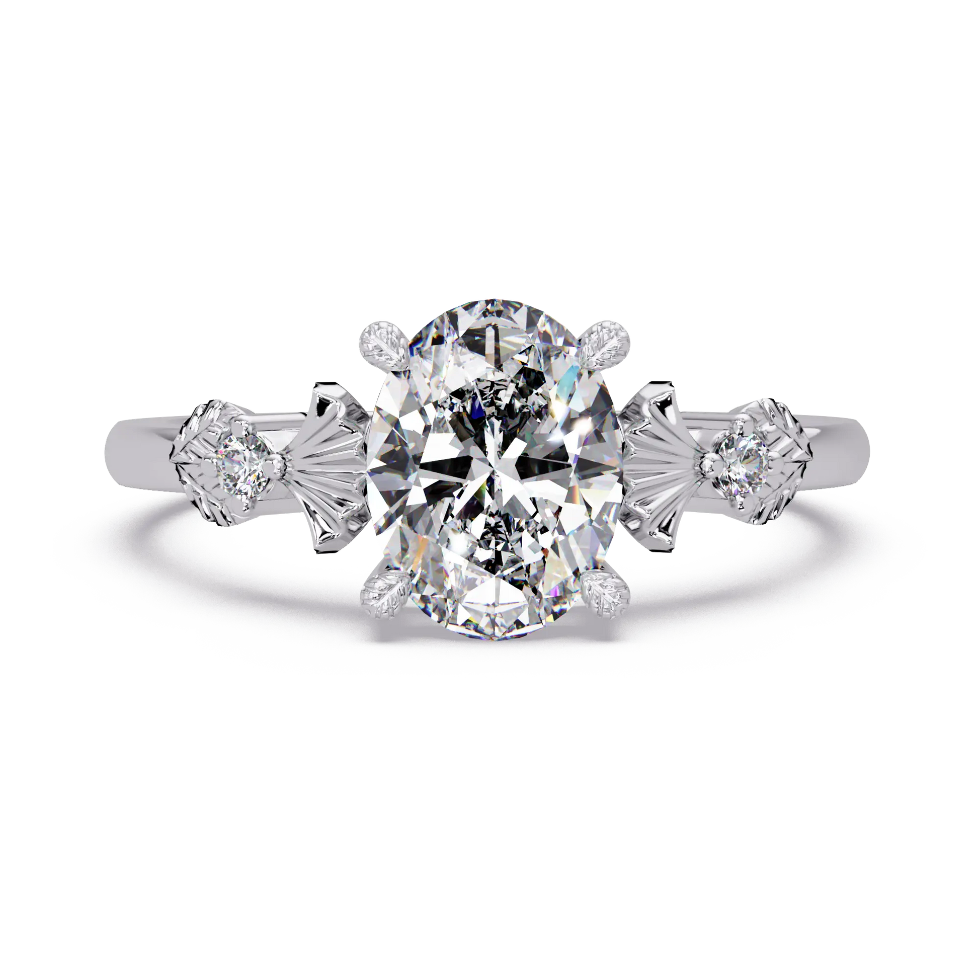 Oval Lab Grown Diamond Engagement Ring with Vintage Fan Accents