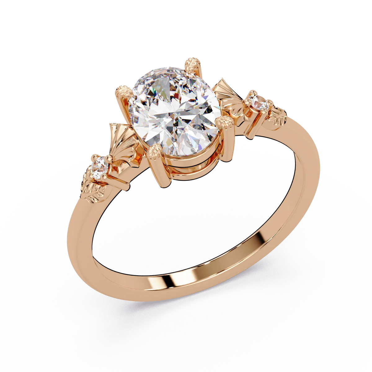 Oval Lab Grown Diamond Engagement Ring with Vintage Fan Accents