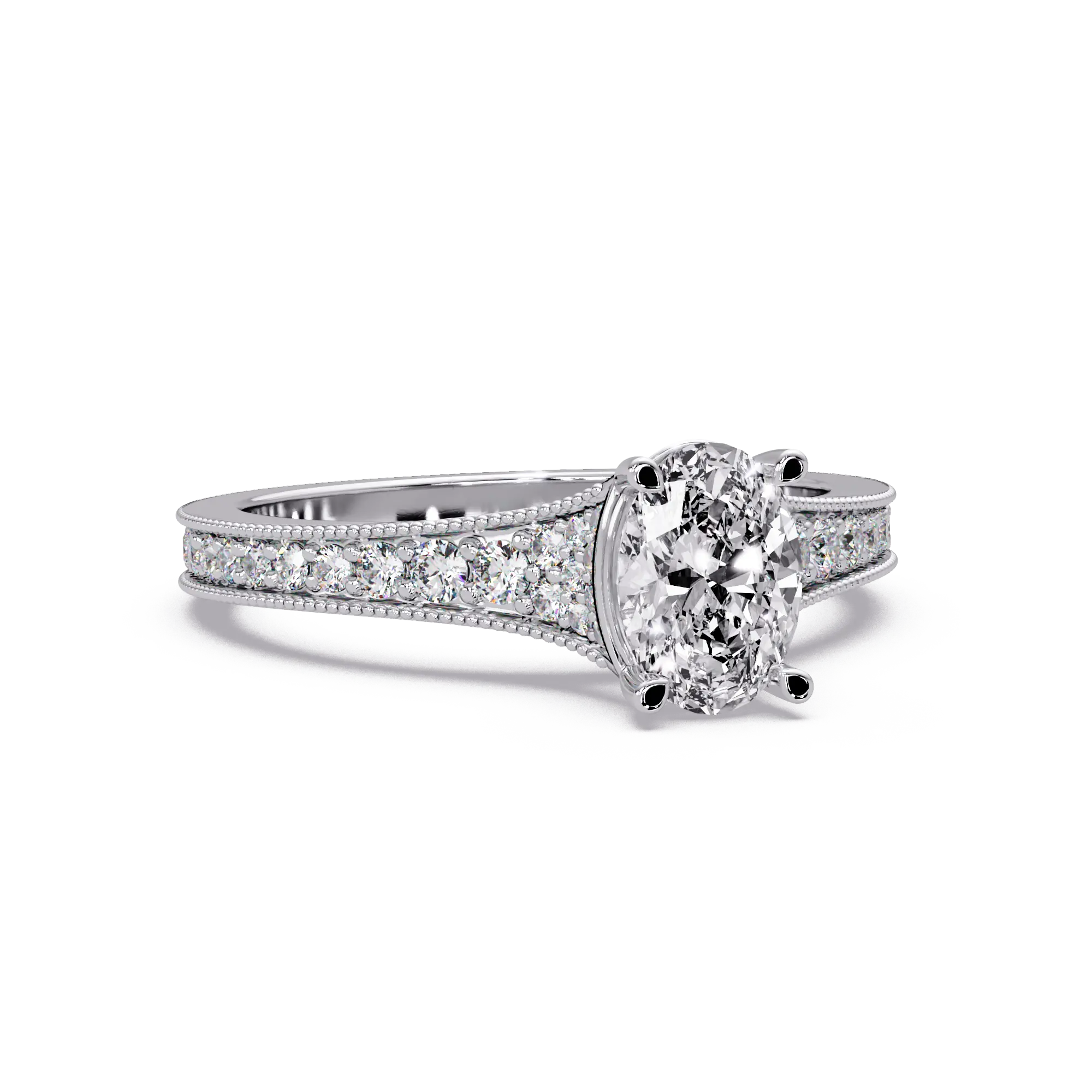 Oval Cut Lab Grown Diamond Engagement Ring with Pavé Milgrain Band Classic Solitaire Promise Ring