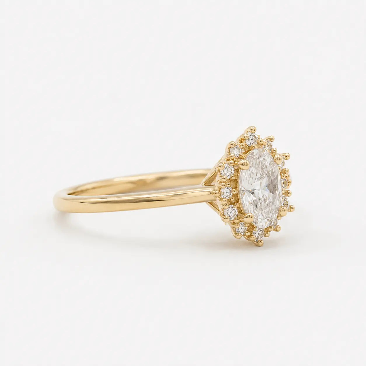 Oval Cut Moissanite Cluster Engagement Ring, Vintage Inspired Halo Ring, Unique Bridal Promise Ring