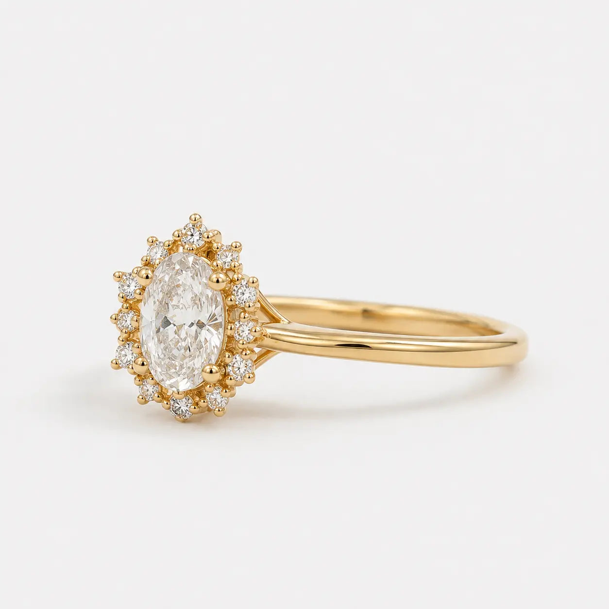 Oval Cut Moissanite Cluster Engagement Ring, Vintage Inspired Halo Ring, Unique Bridal Promise Ring