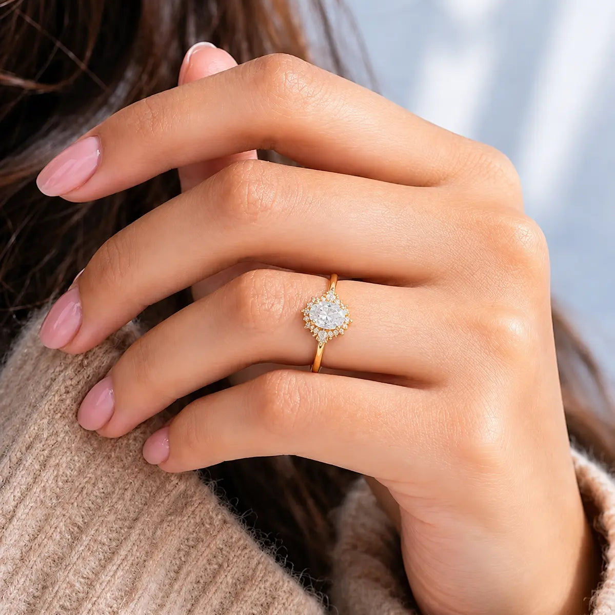 Oval Cut Moissanite Cluster Engagement Ring, Vintage Inspired Halo Ring, Unique Bridal Promise Ring