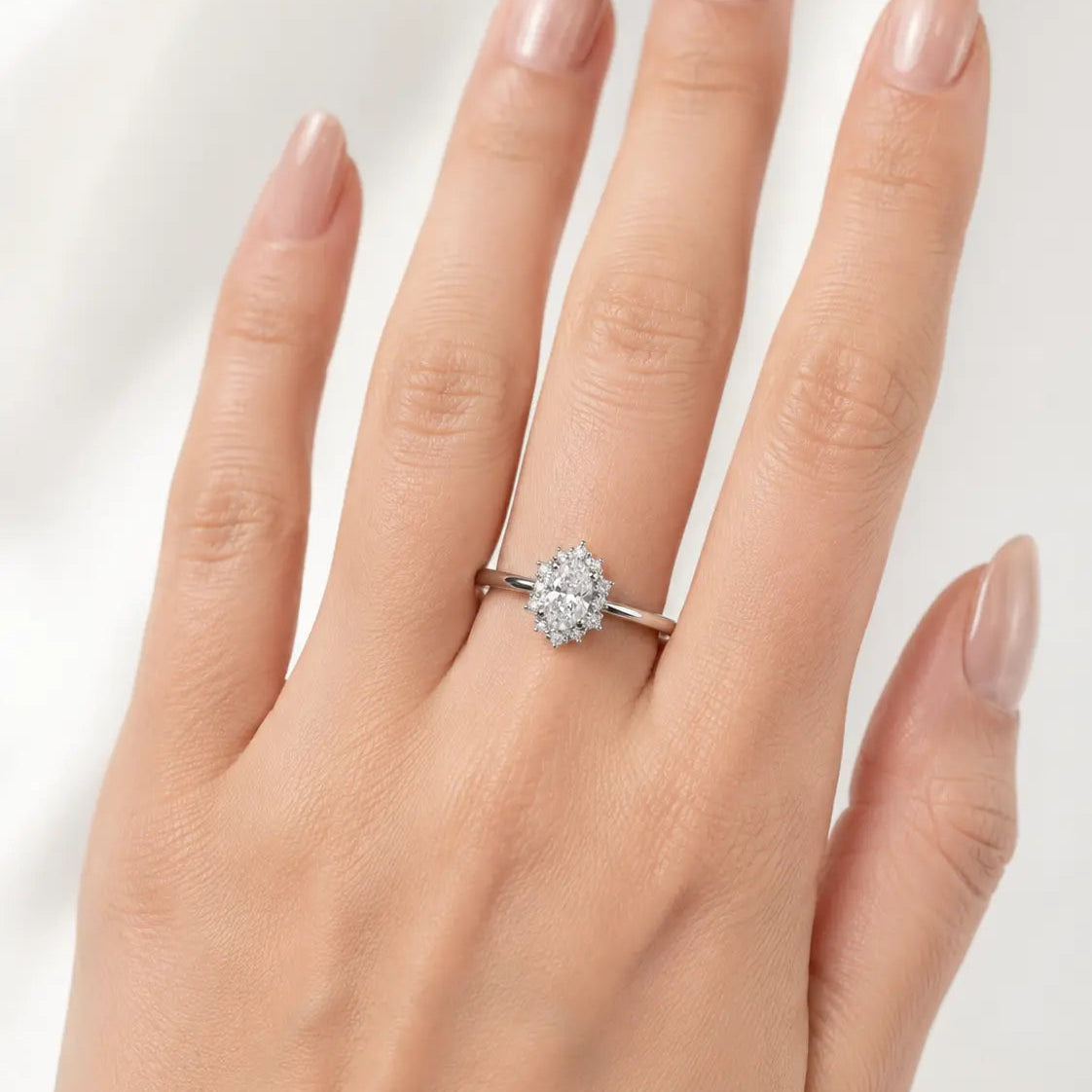 Oval Cut Moissanite Cluster Engagement Ring, Vintage Inspired Halo Ring, Unique Bridal Promise Ring