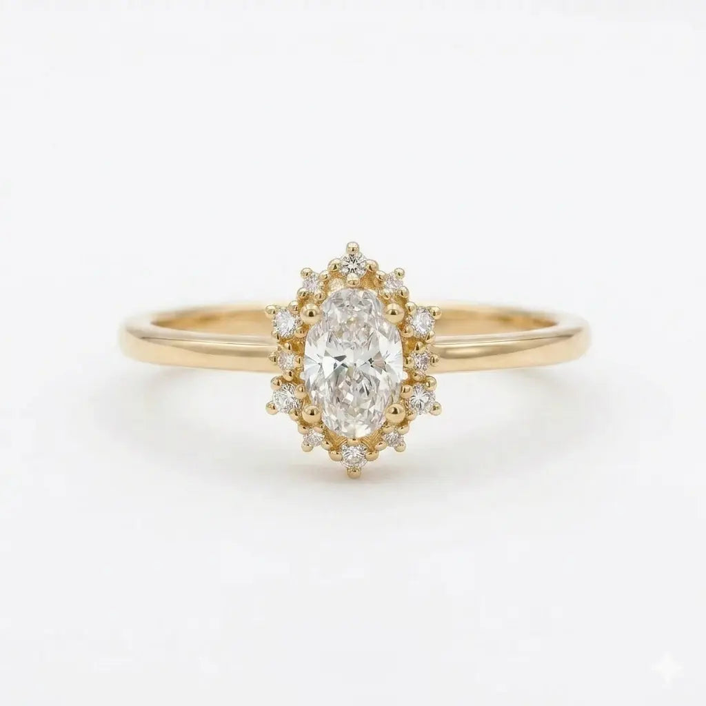 Oval Cut Moissanite Cluster Engagement Ring, Vintage Inspired Halo Ring, Unique Bridal Promise Ring