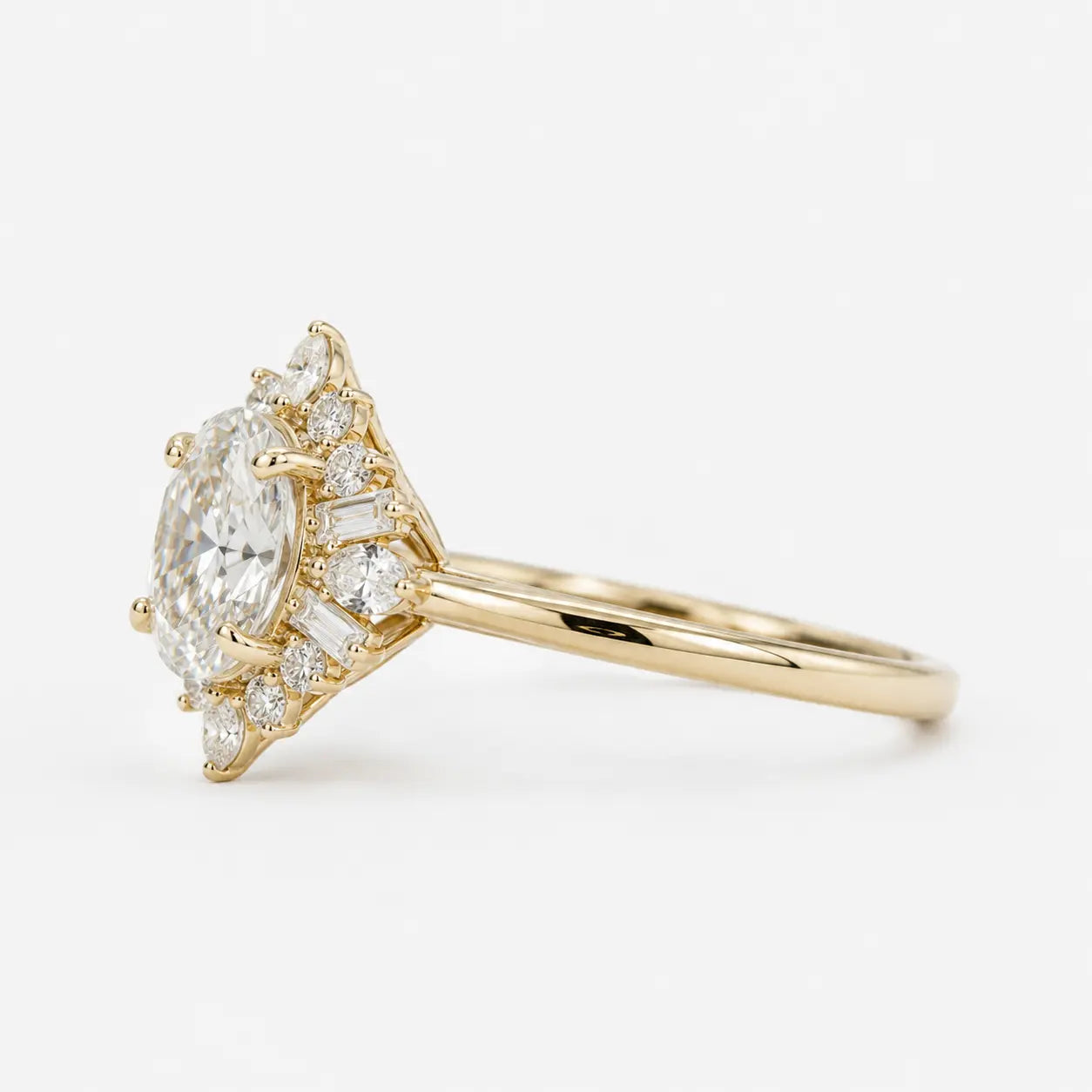 Oval Cut Moissanite Cluster Engagement Ring with Accents  Vintage Inspired Bridal Ring